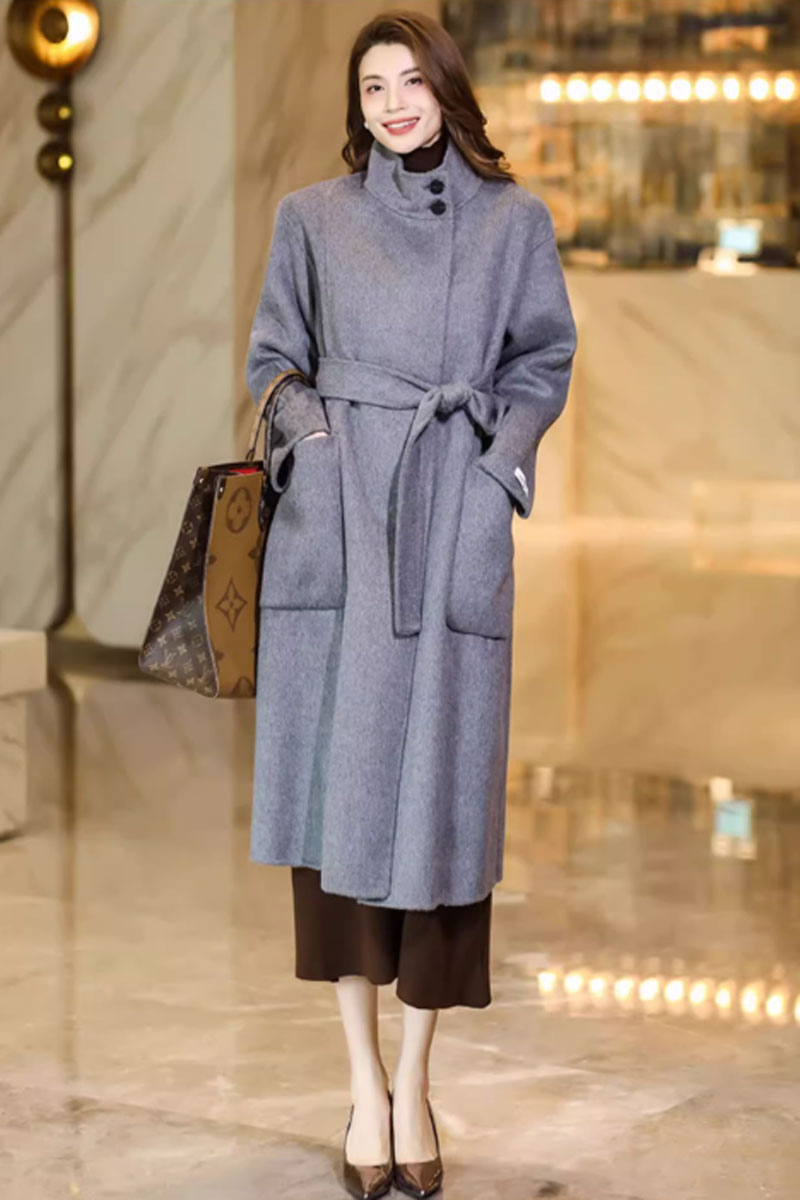 gray long wool coats with pockets C3738