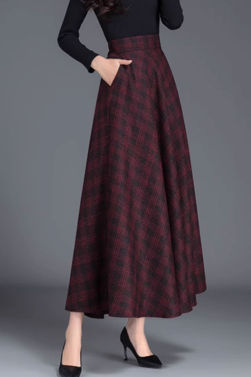 long plaid wool skirt with pockets C3765
