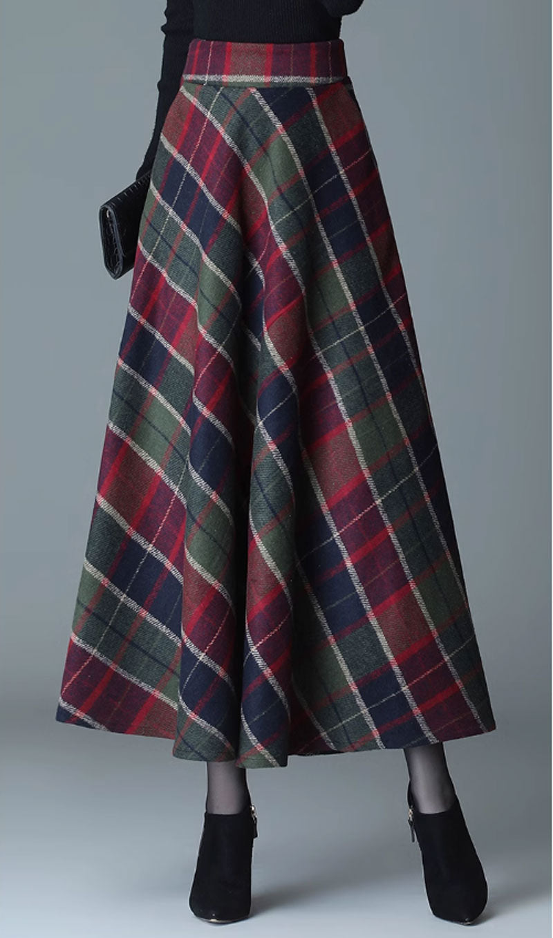 plaid a line long wool skirt for women C3718