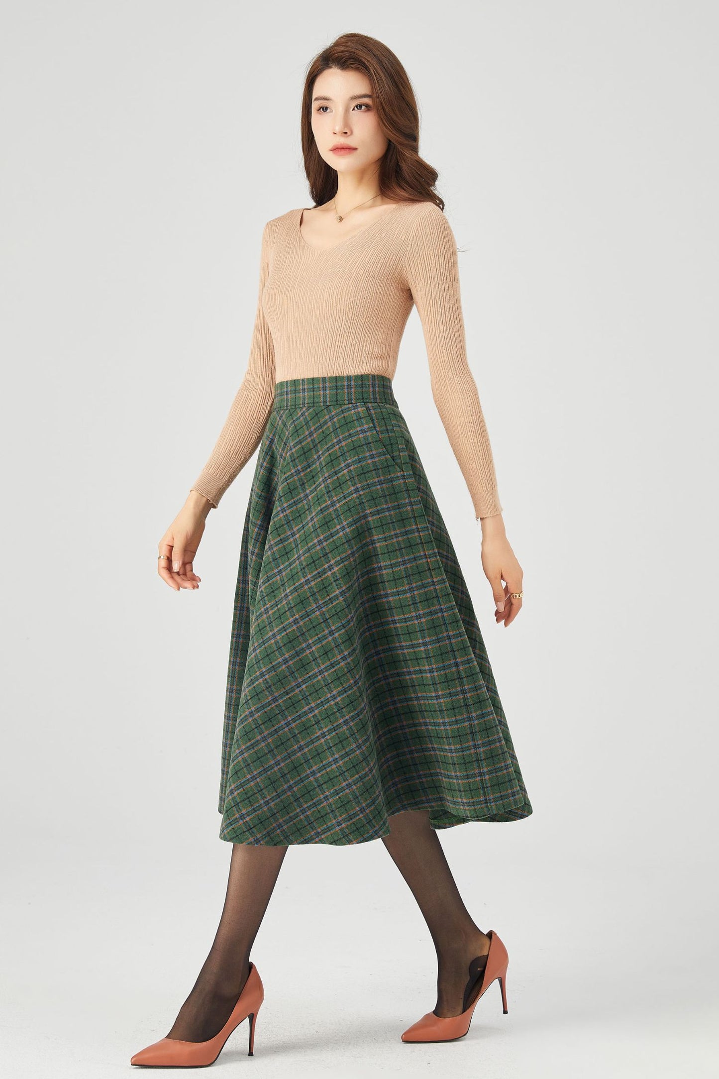 Winter Plaid Midi Wool Skirt C3686