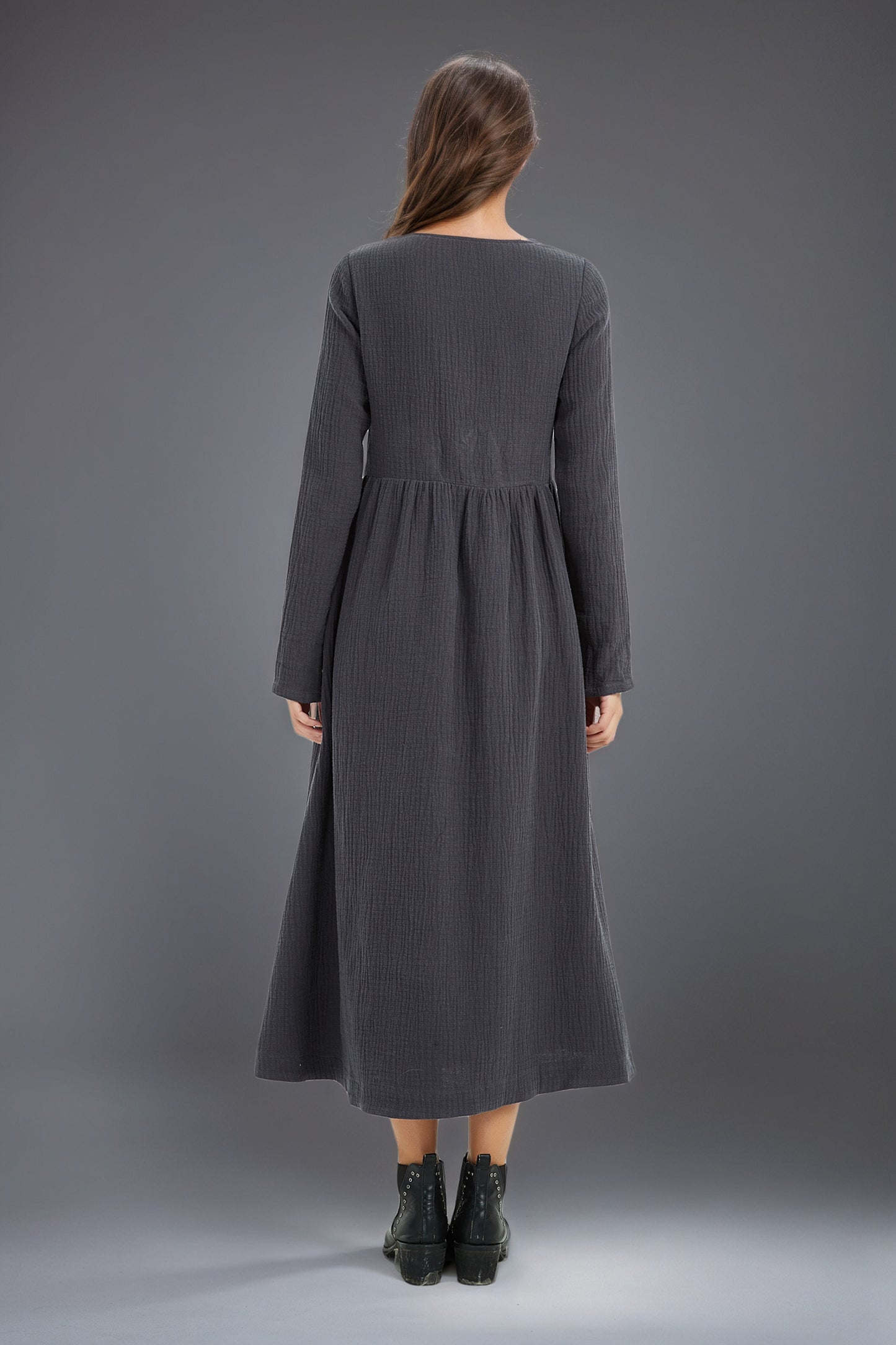 long women winter linen pockets dress C5133