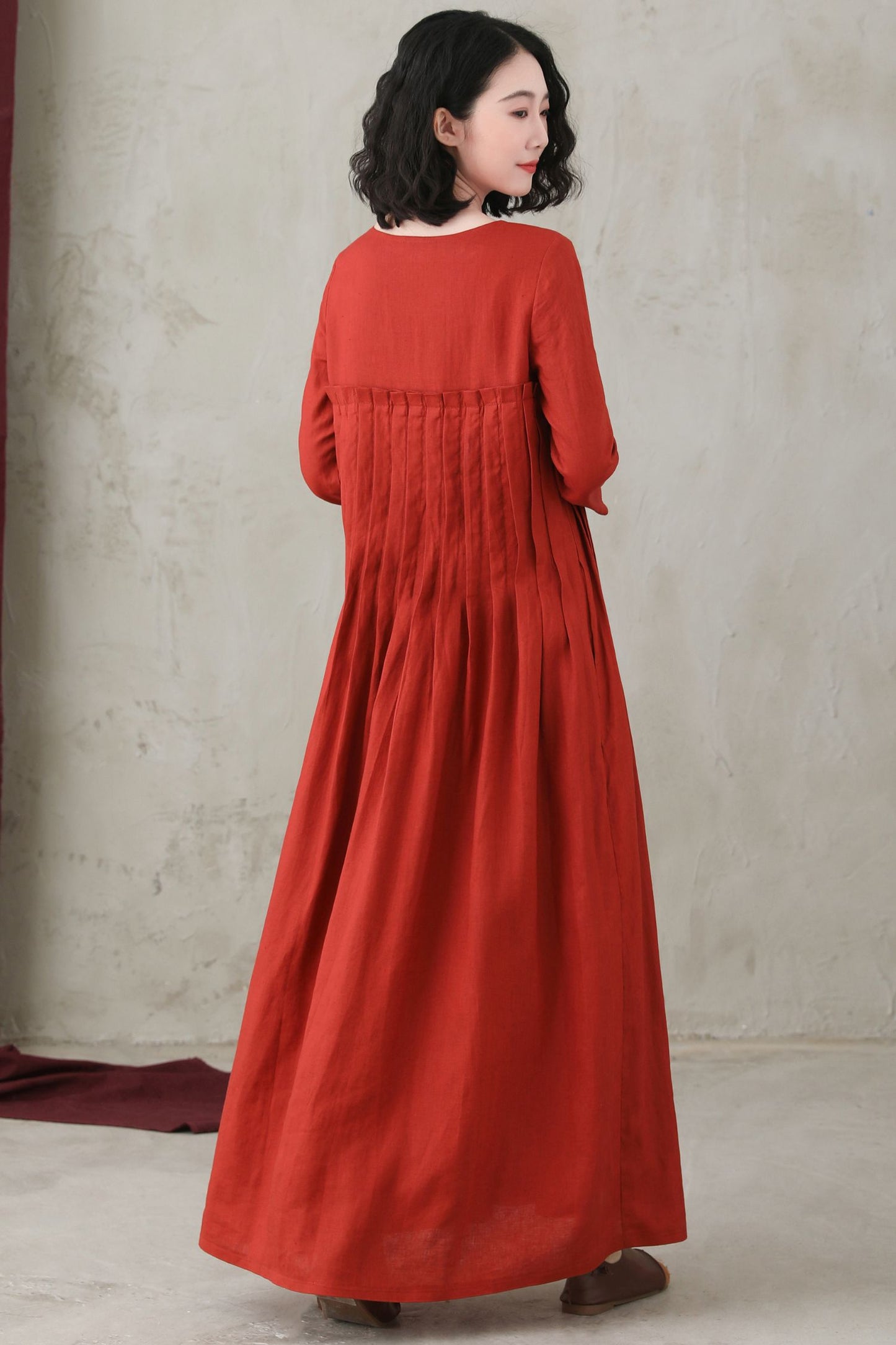 Brick Red Organic Linen Maxi Dress - Pleated Flowy Silhouette C2744