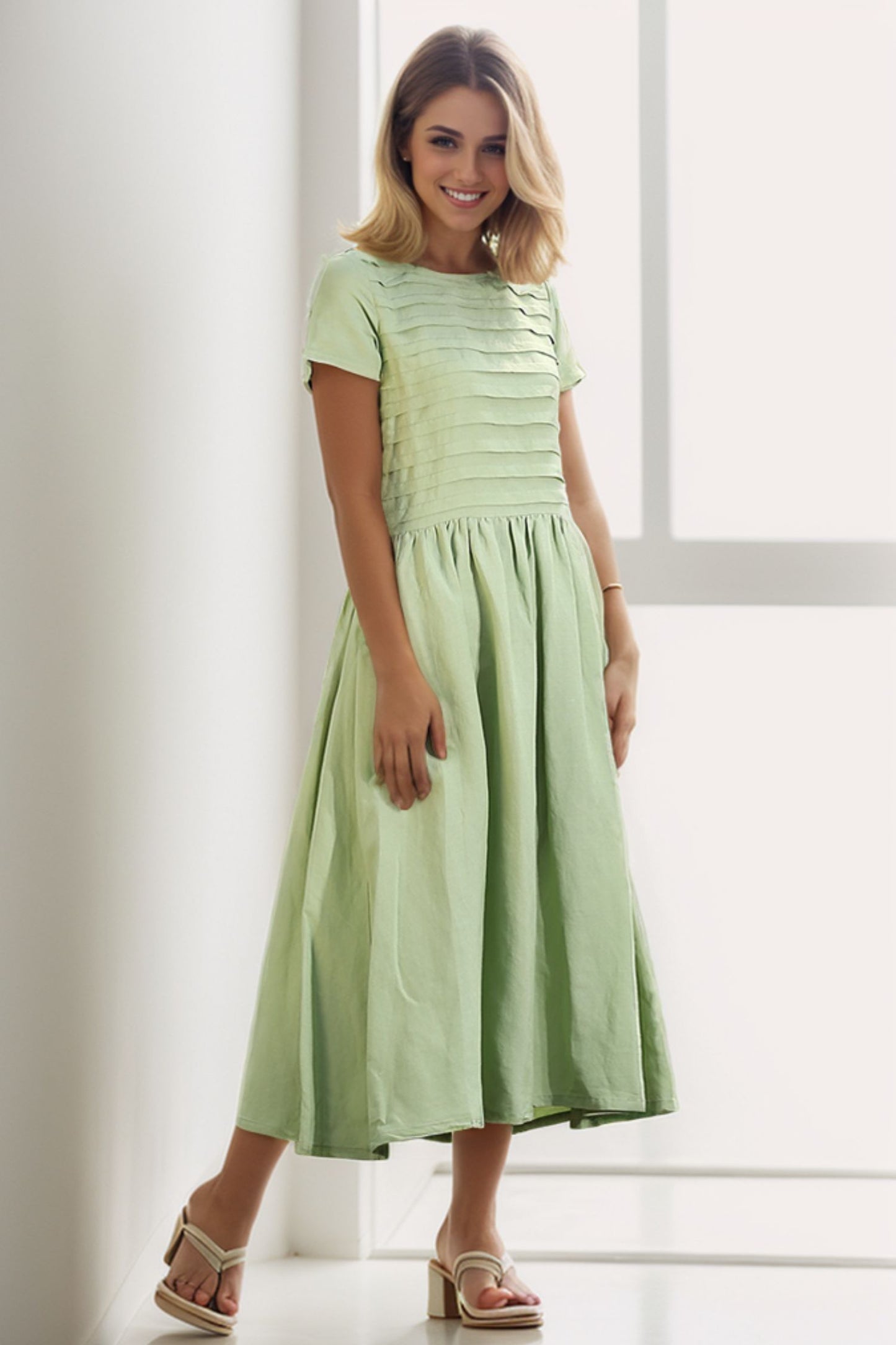 Loose Fitting Short Sleeve Unique Sweep Summer Dress in Lemon Green C258