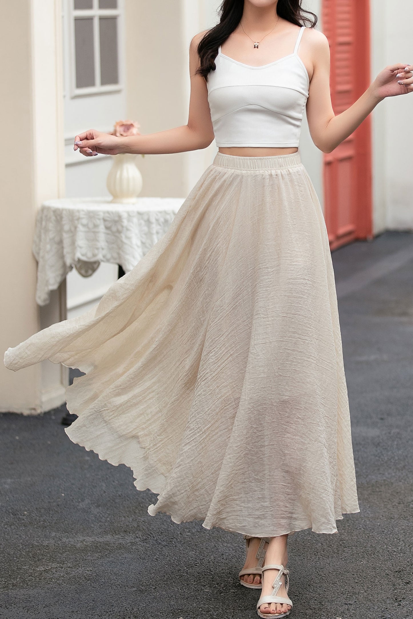 A line beige long linen skirt women C5033