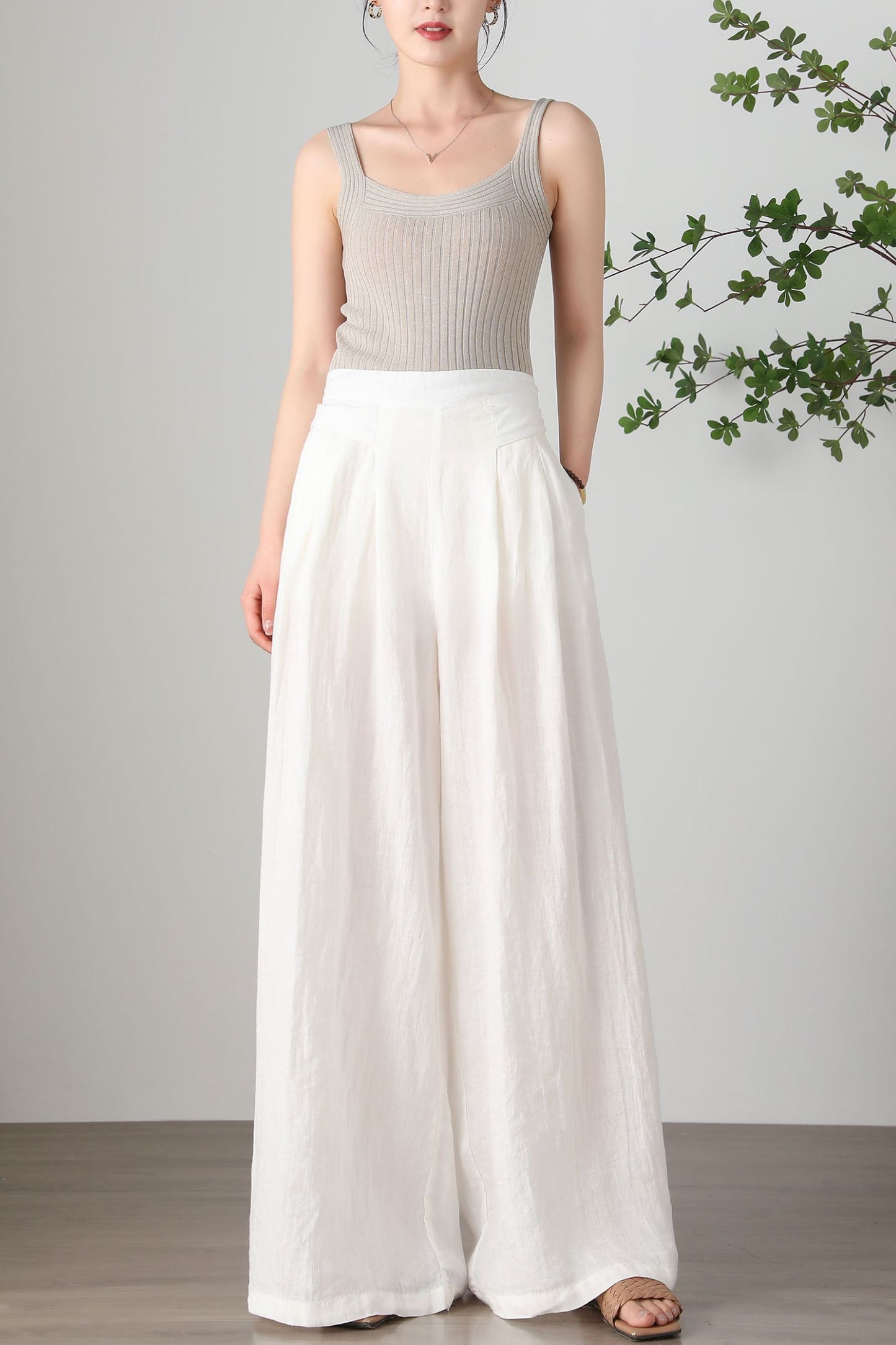 Women's Plus Size White Linen Pants C3257