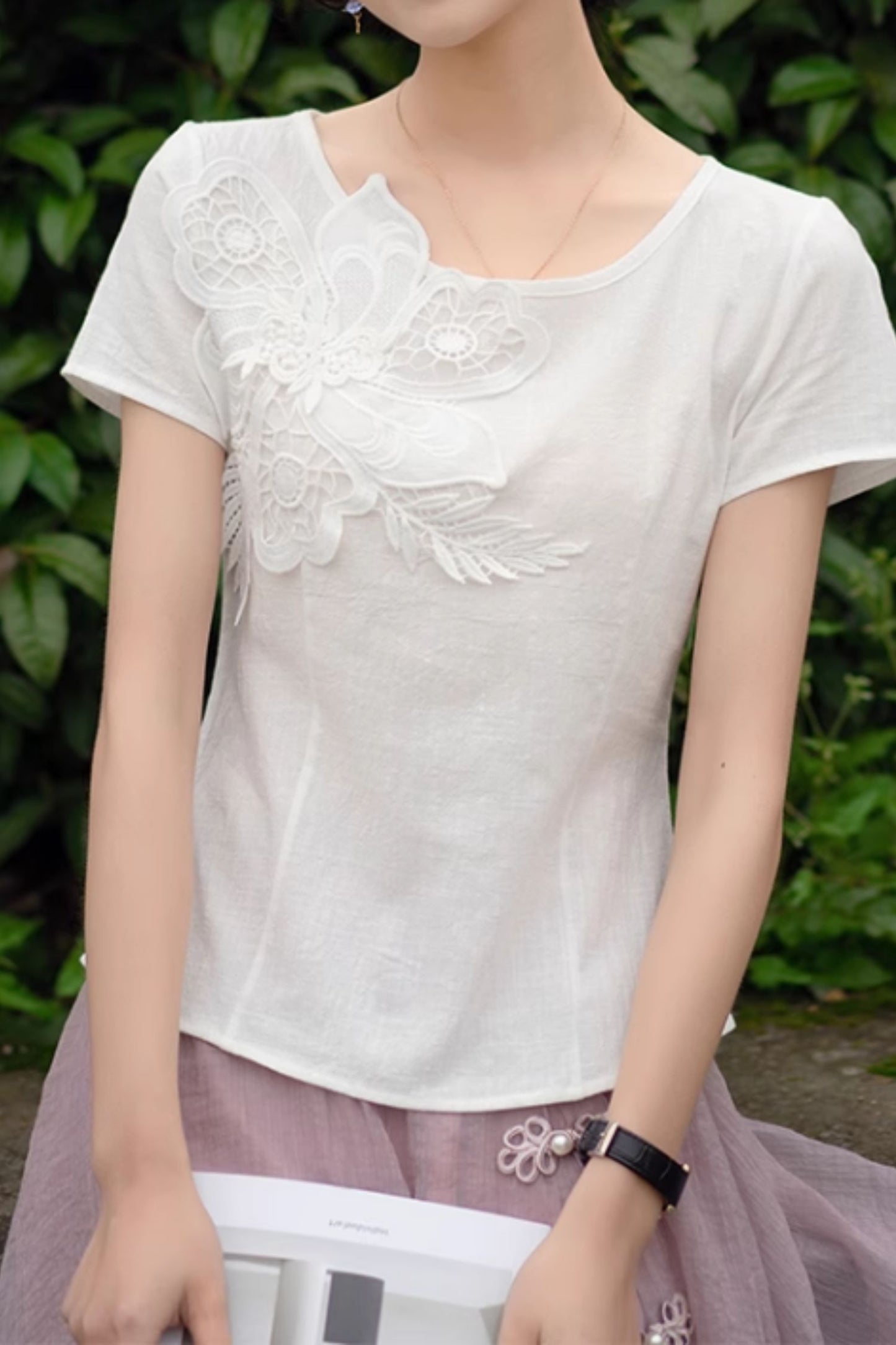 White prom linen top with flower C5049
