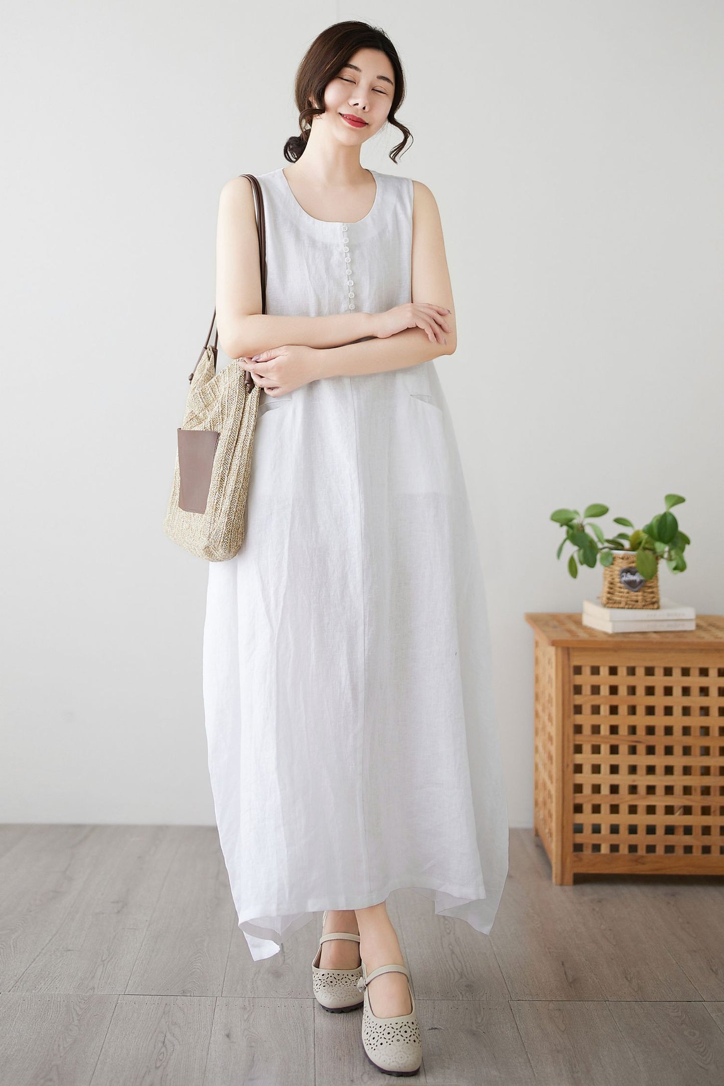 Women's Summer White Long Linen dress c4897