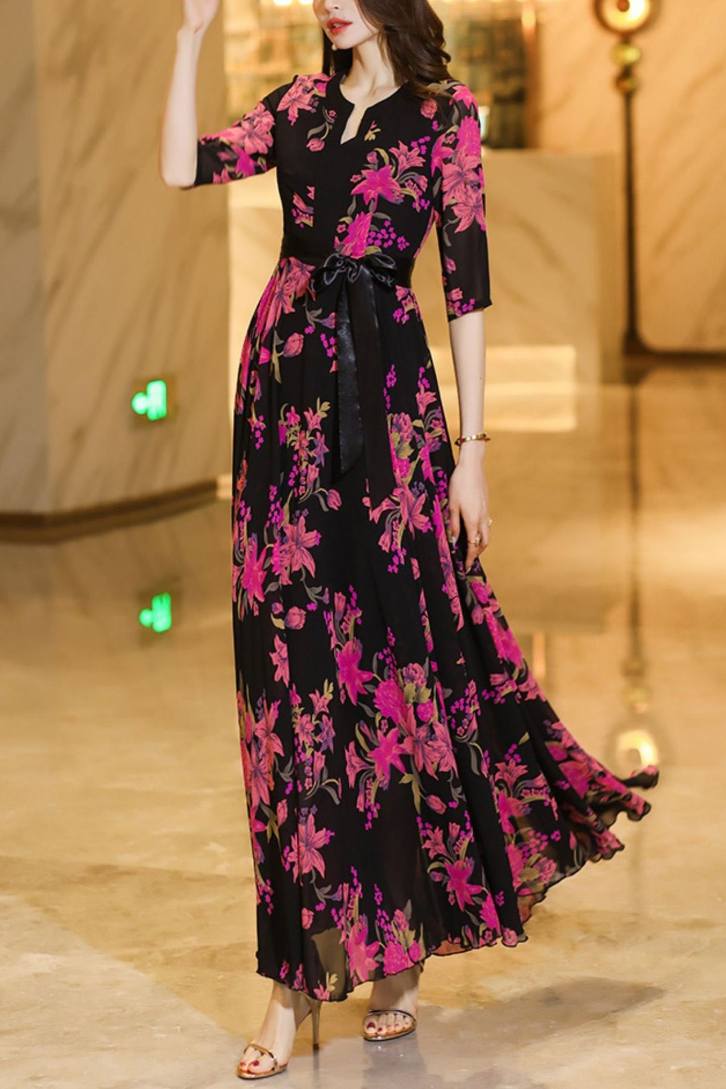 Summer black chiffon floral dress C4106