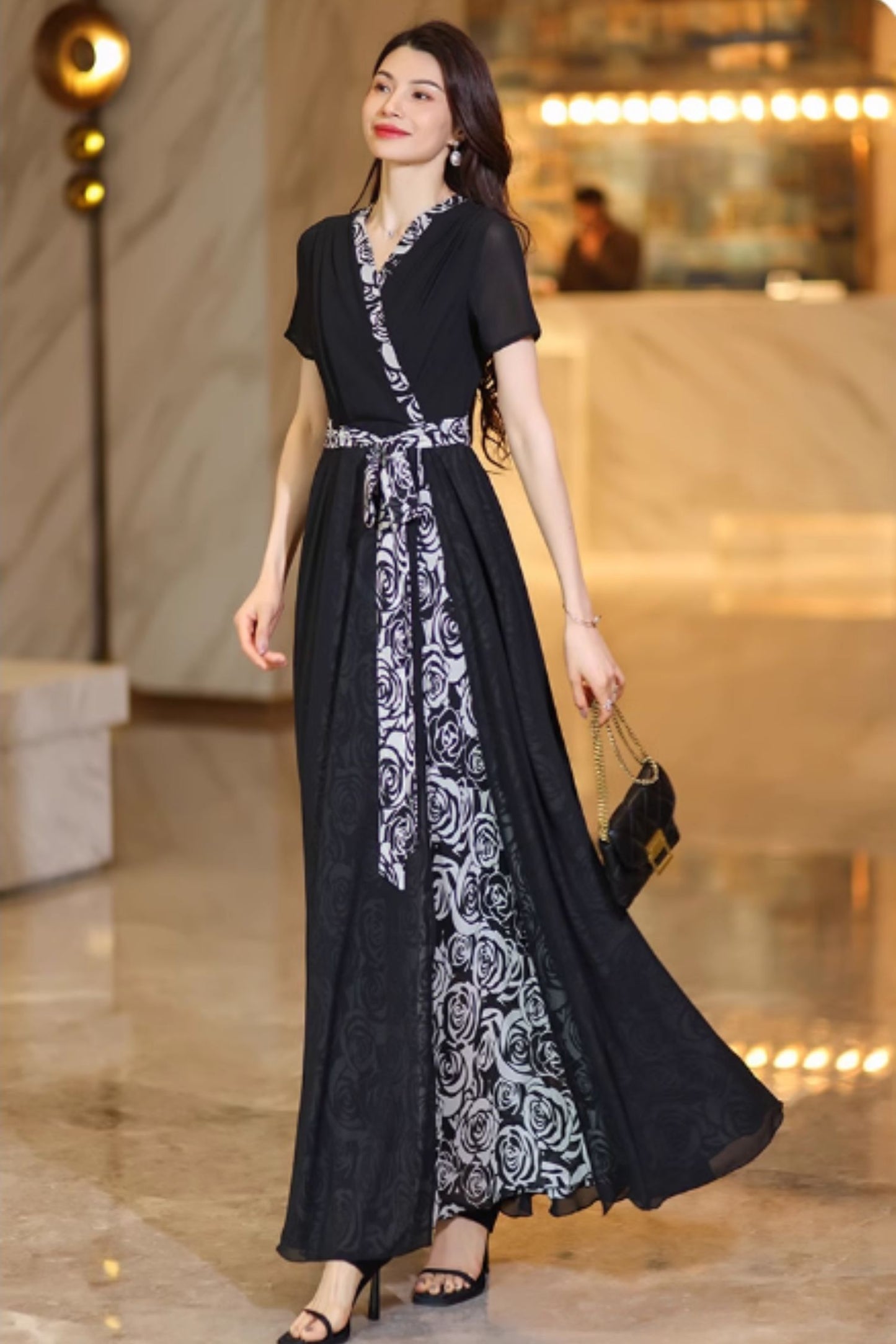 Swing block color maxi chiffon dress C4928
