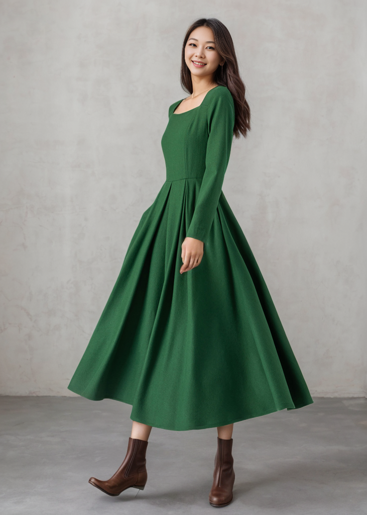 Green Wool Womens Winter Dresses C4336