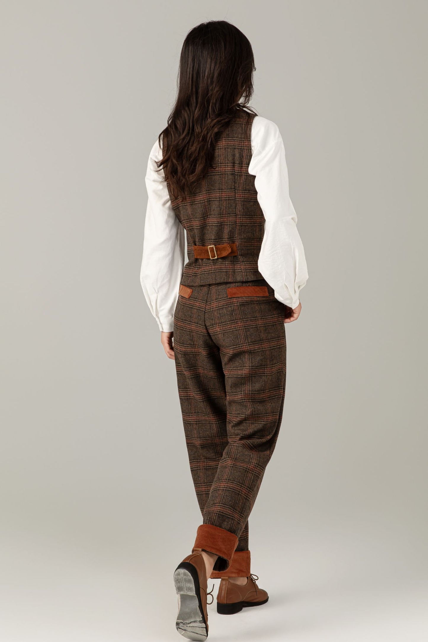 Brown Plaid Wool Suit Set, Wool vest and Wool pants C5248