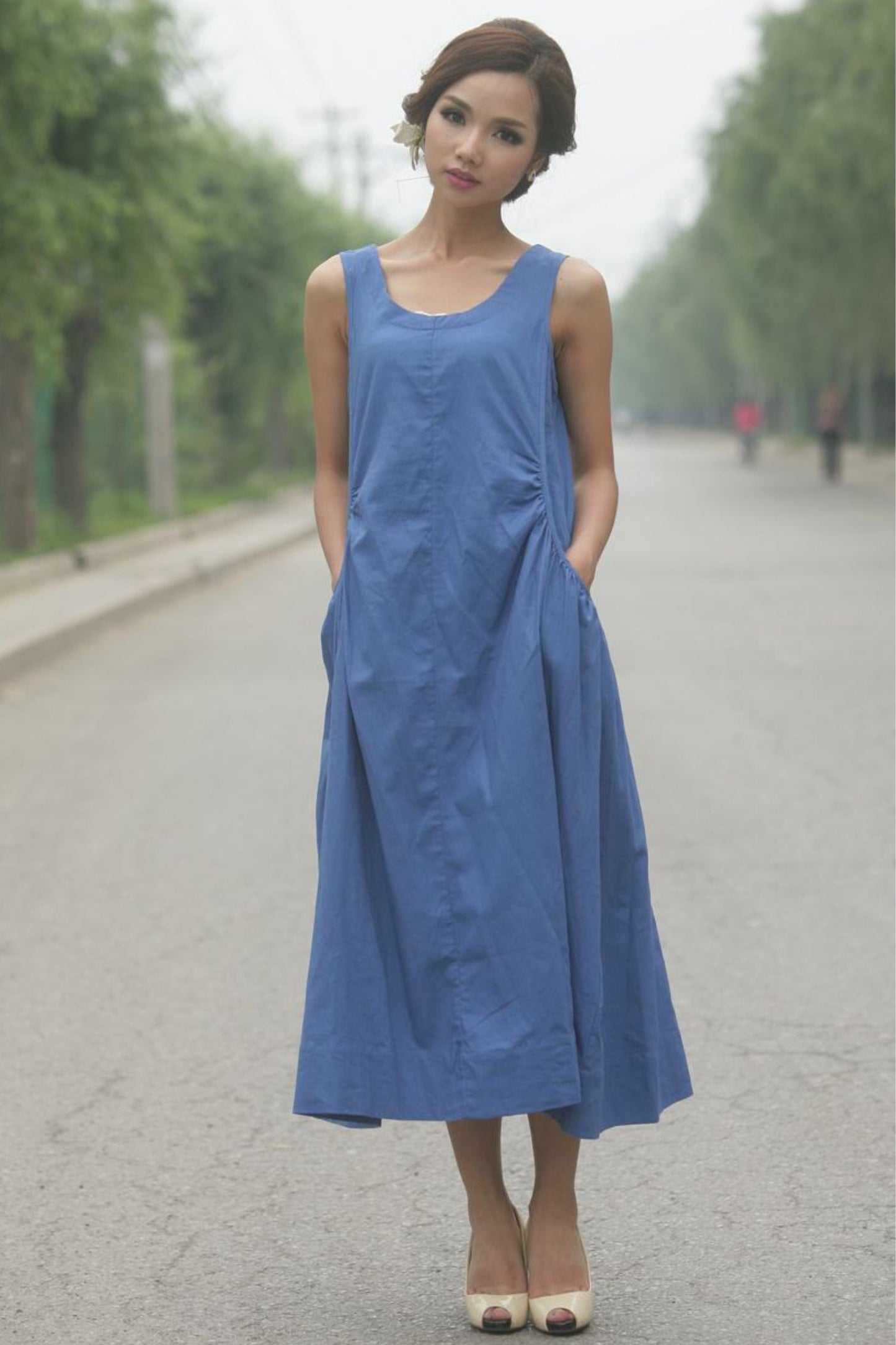Women's summer blue linen loose casual dress C155