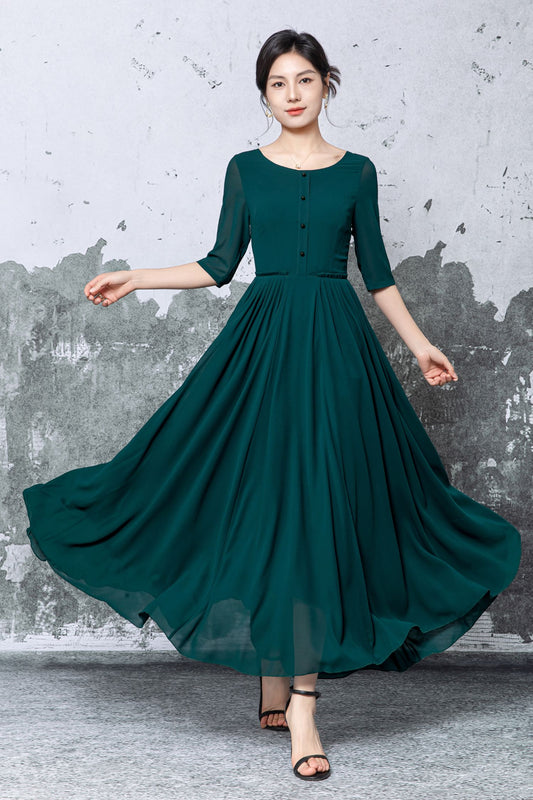 Dark Green Maxi Dress: Long Pleated Swing Summer Dress with Half Sleeves, Ylistyle C5472