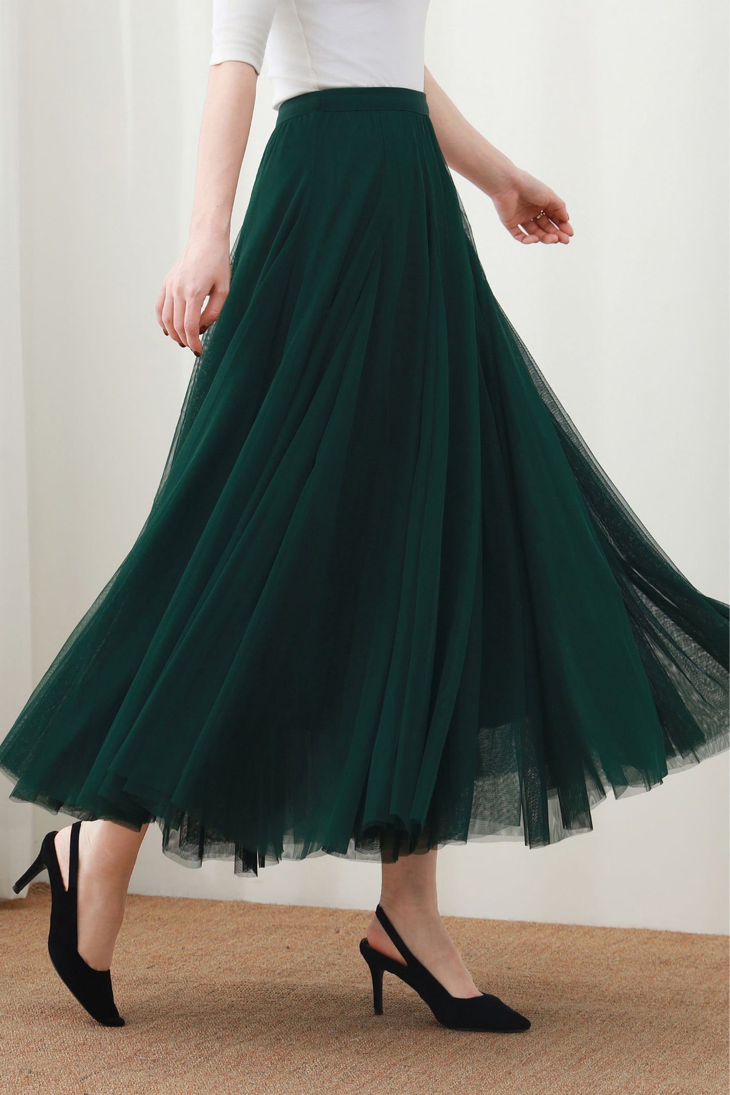 Dark Green Maxi Skirt: High Waist A-Line Long Tulle Skirt, Ylistyle C5448