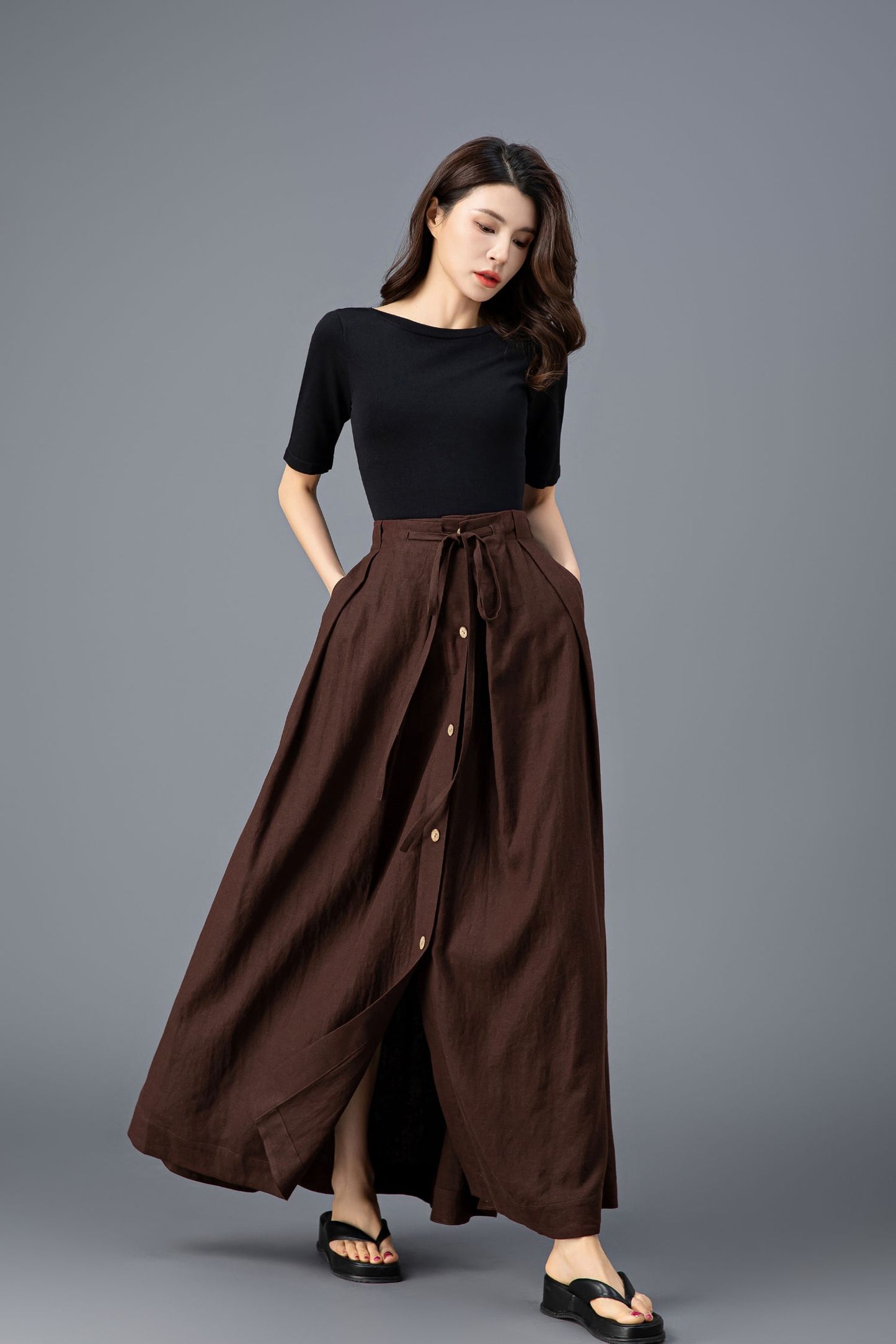 Bohemian Brown Linen Maxi Skirt C3920