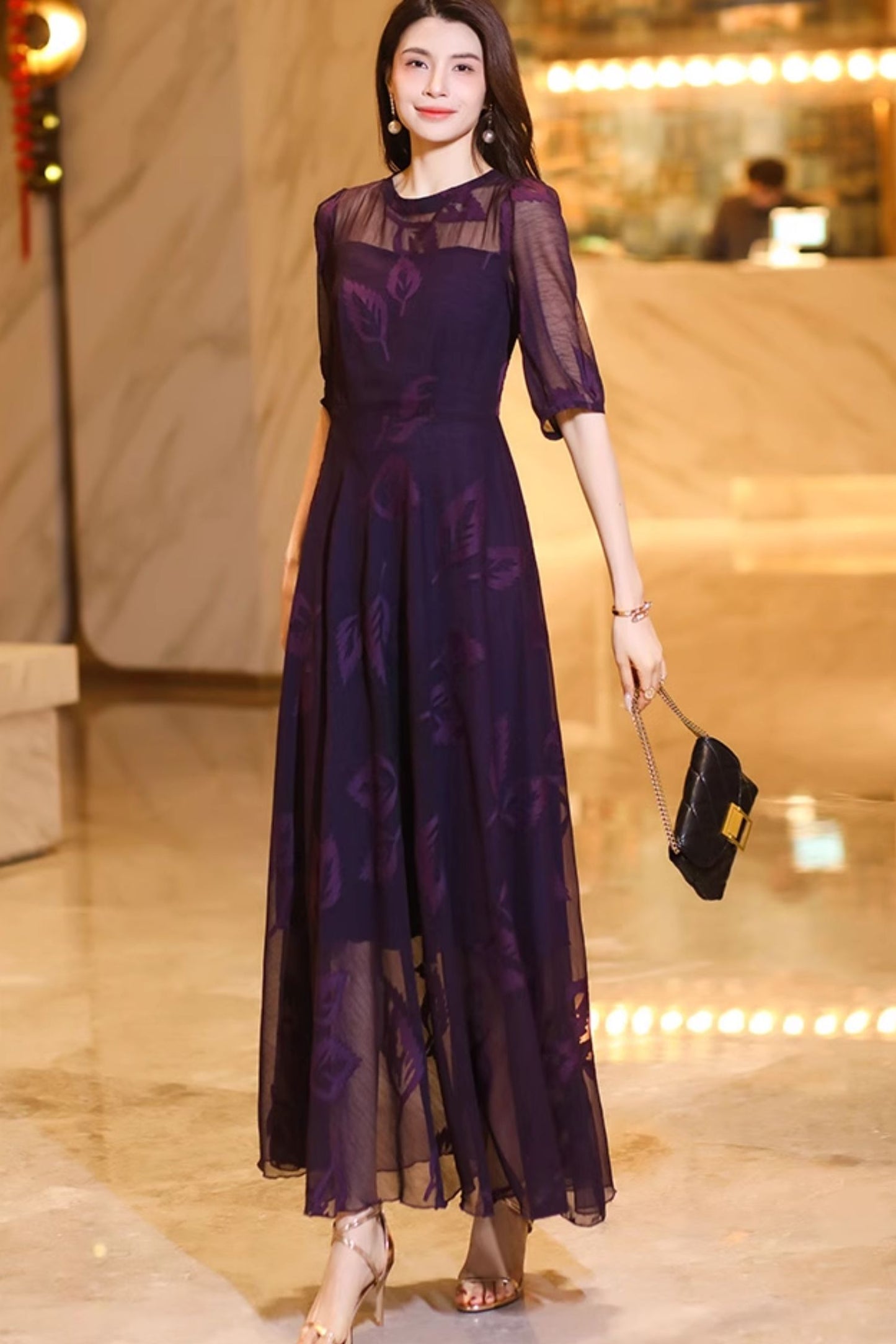 Purple prom long chiffon dress women C4931