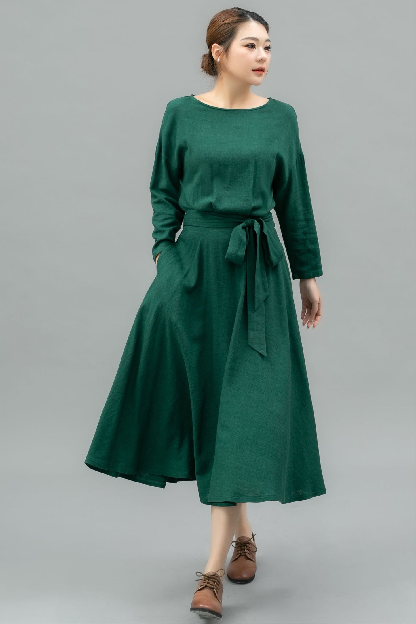 Elegant Green Linen Midi Dress C4740