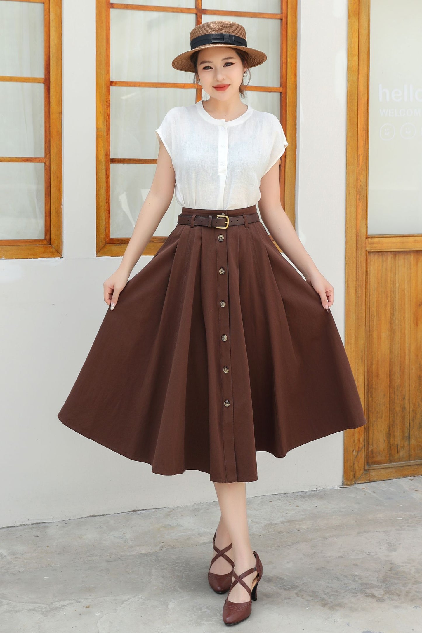 Button down midi Linen skirt c4834