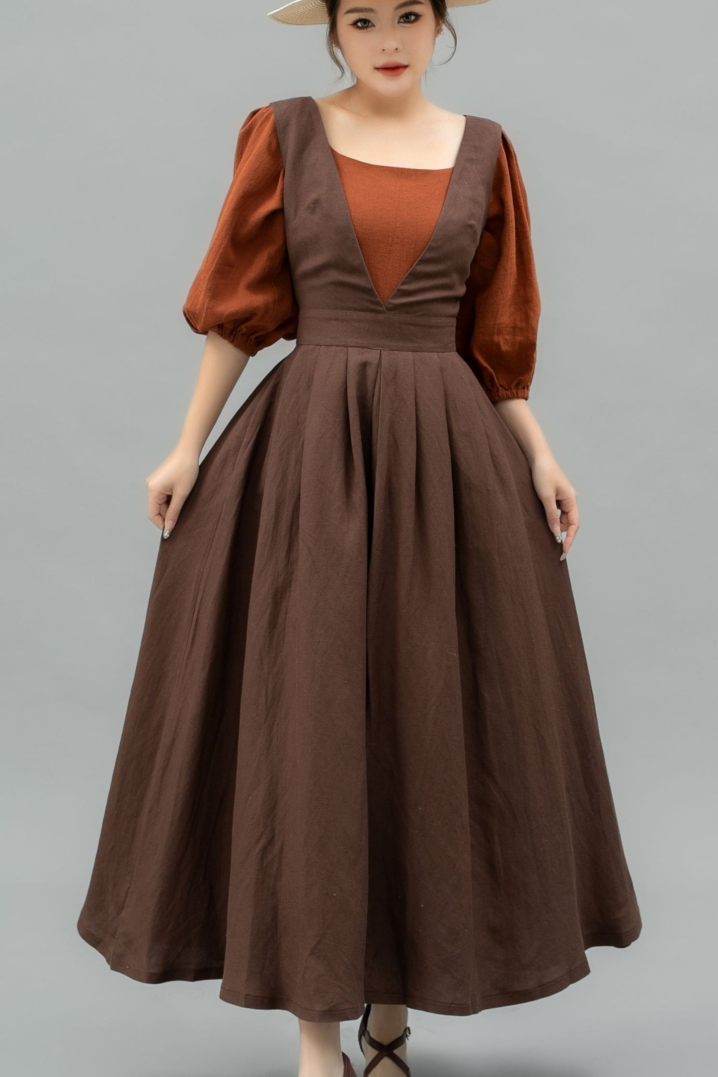 Long Linen pinafore dress C4749