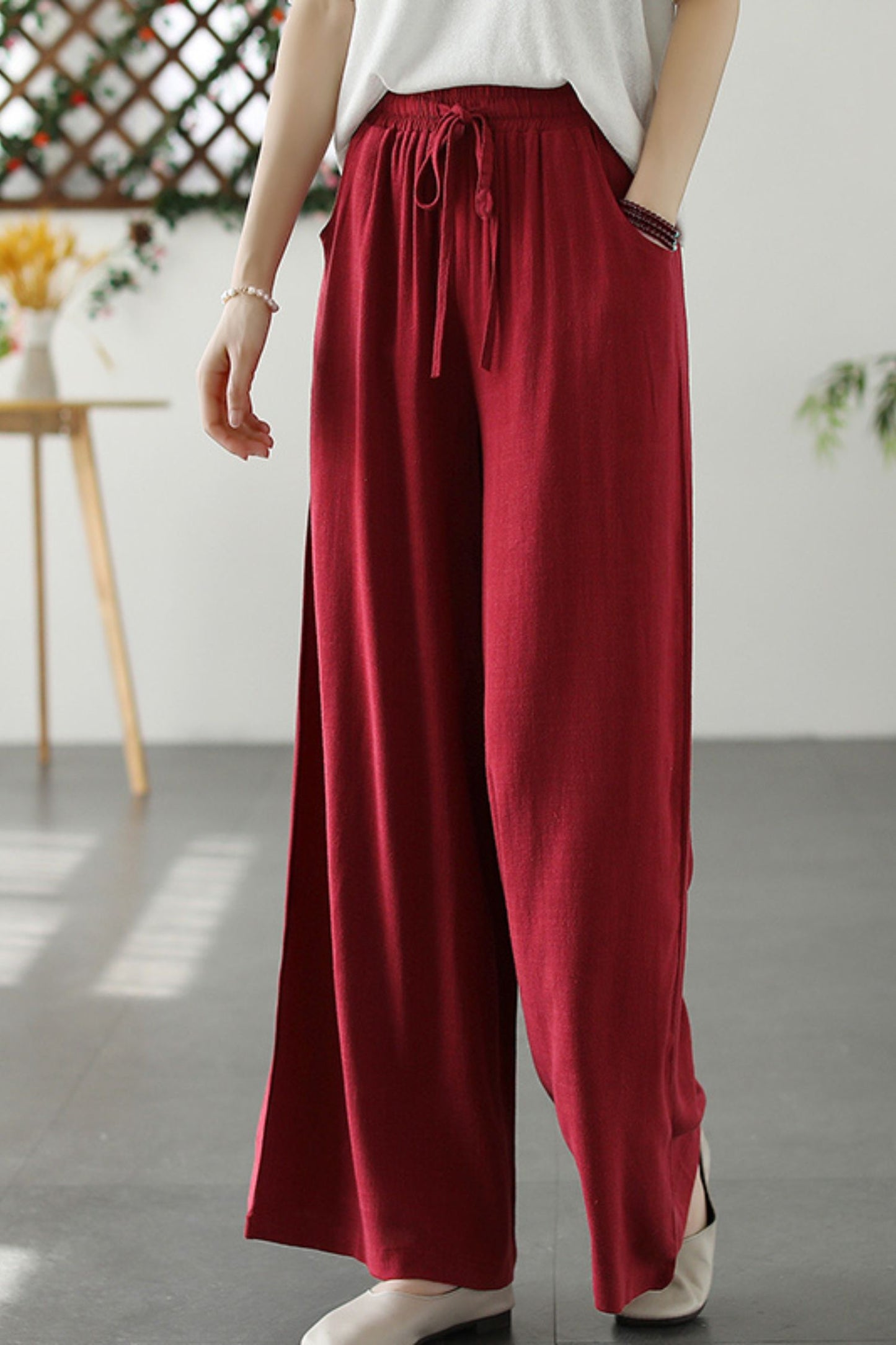 loose cotton linen solid wide leg pants L0619
