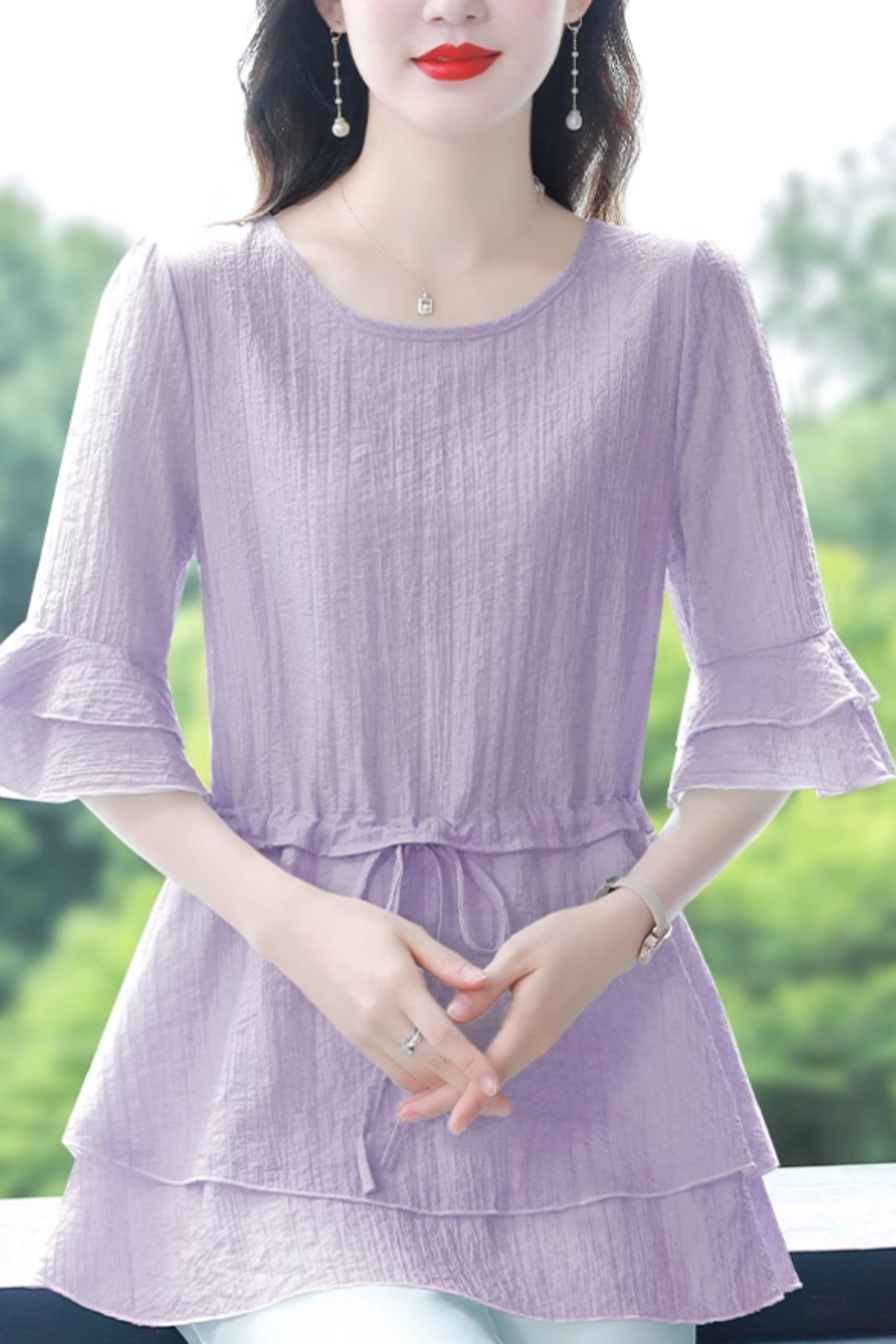 Summer chiffon blouse with drawstring waist C5057