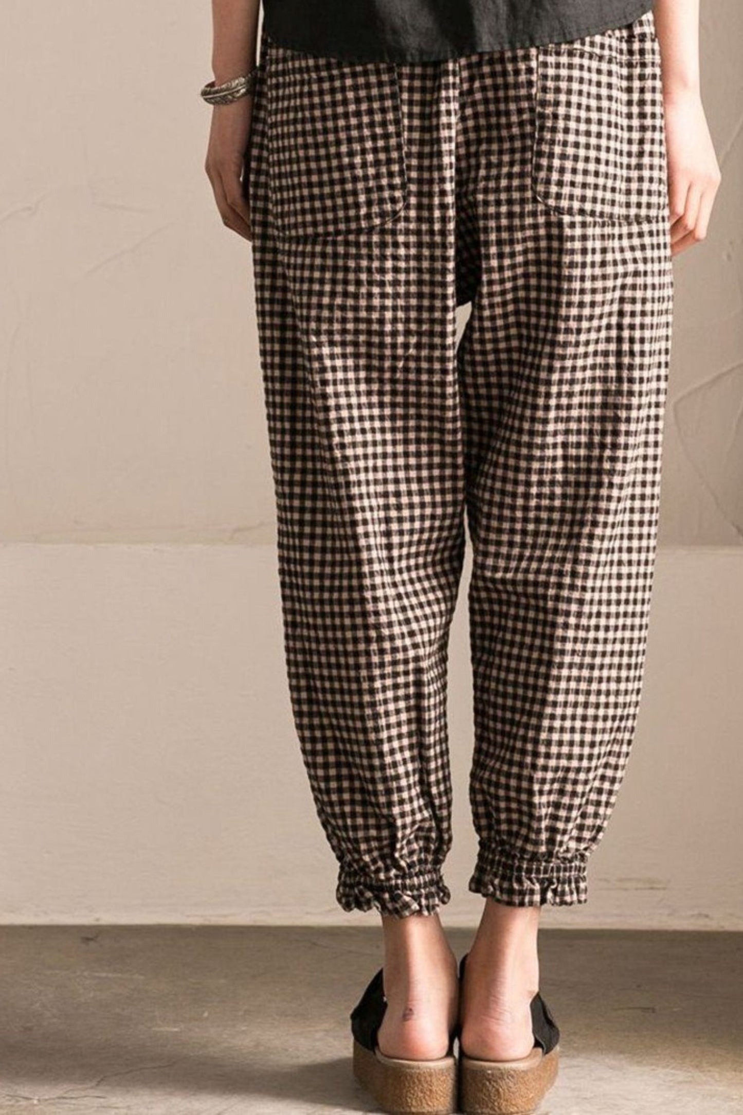 Art Casual Black White Grid Pants Cotton Women Clothes TT0042