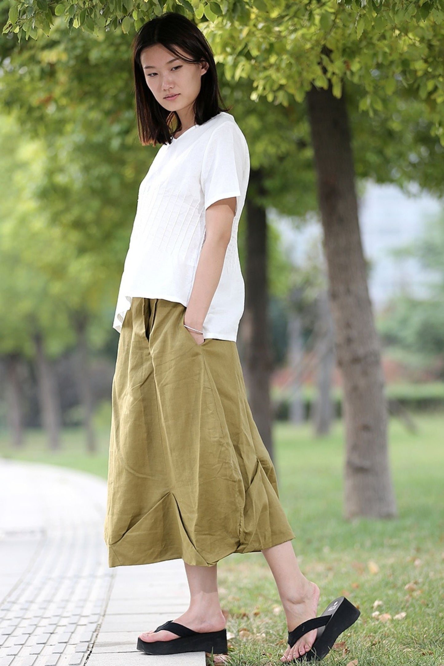 Linen Maxi Skirt - Flower Bud Shape Romantic Feminine Trending Womens Skirt C287