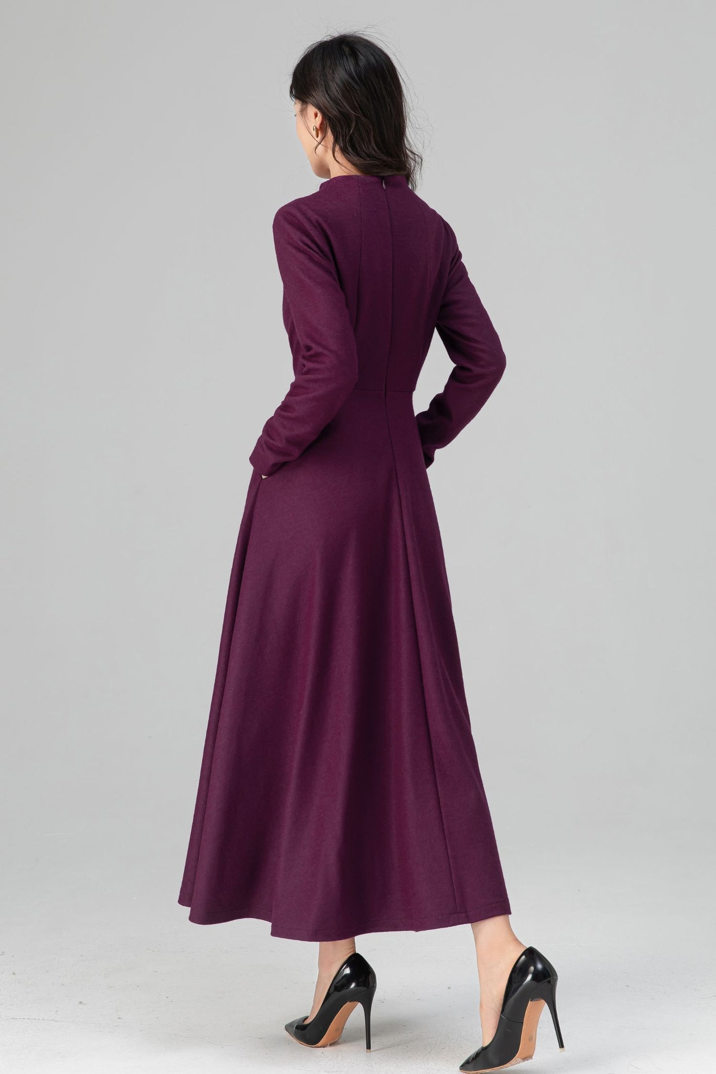Winter Deep Purple Long Swing Wool Dress Women C5207