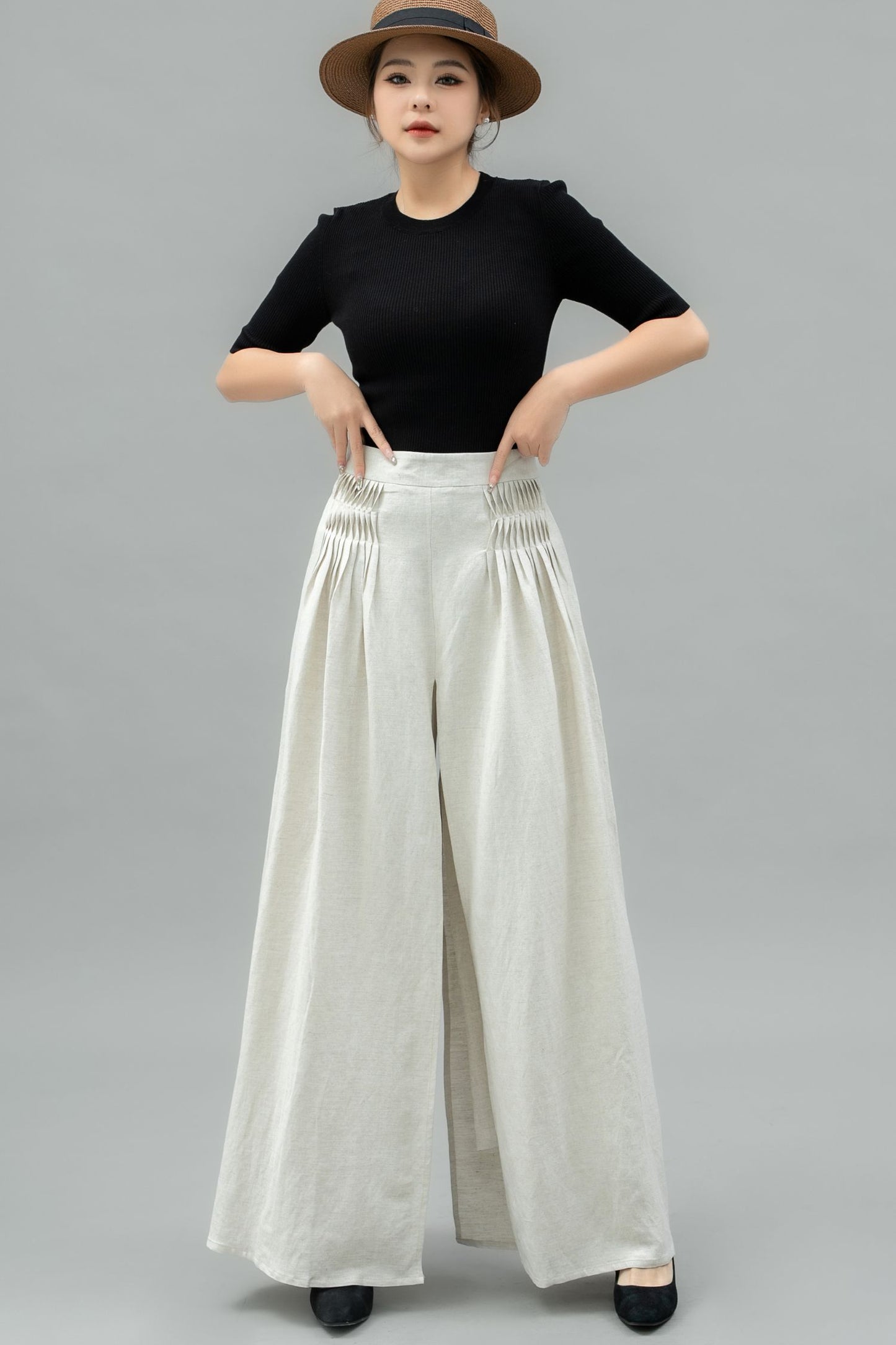 White Wide Leg Linen Palazzo Pant C4743
