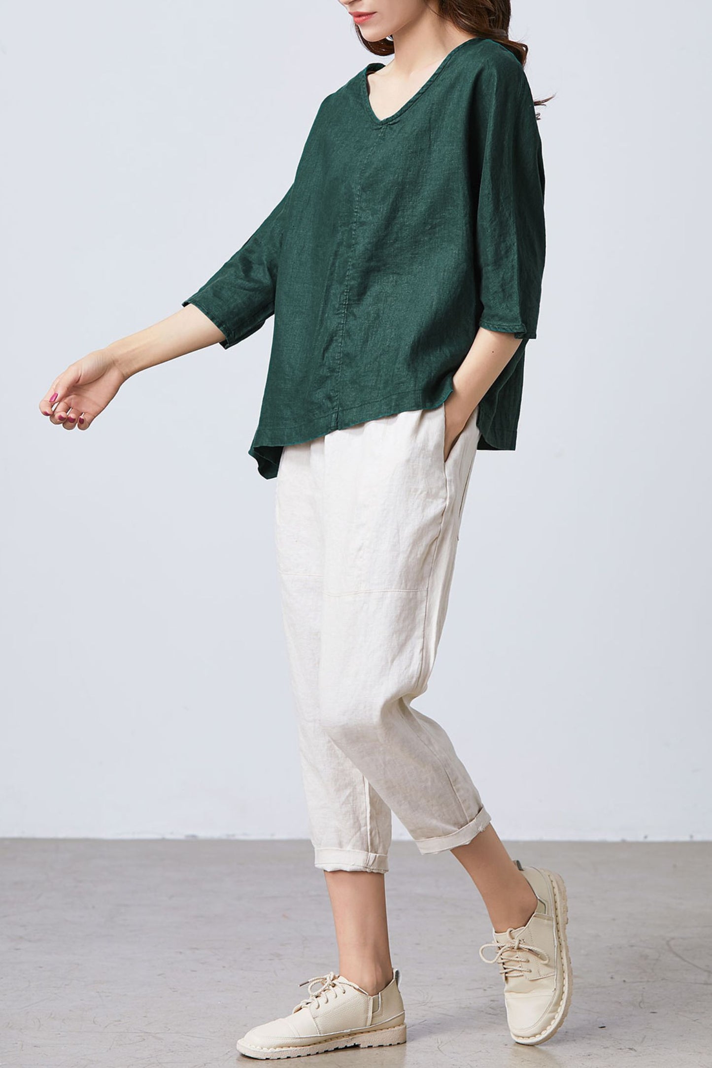 Women's Casual Green Linen Tops C4858