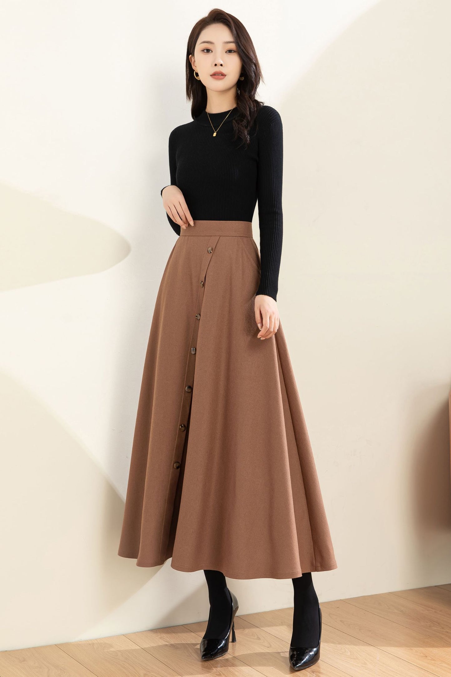Midi Wool A Line Button Down Skirt C3602