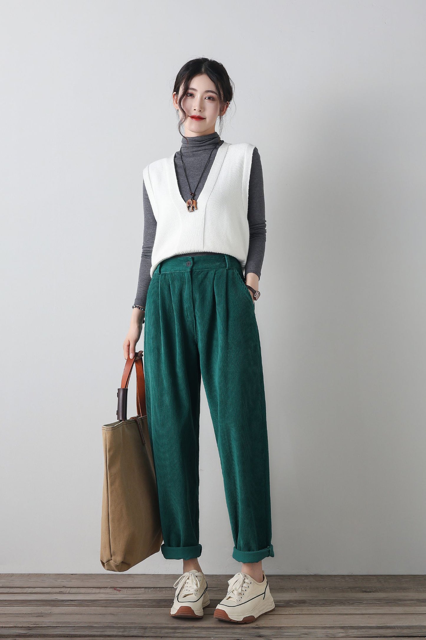 Green wide leg corduroy winter pants C4346