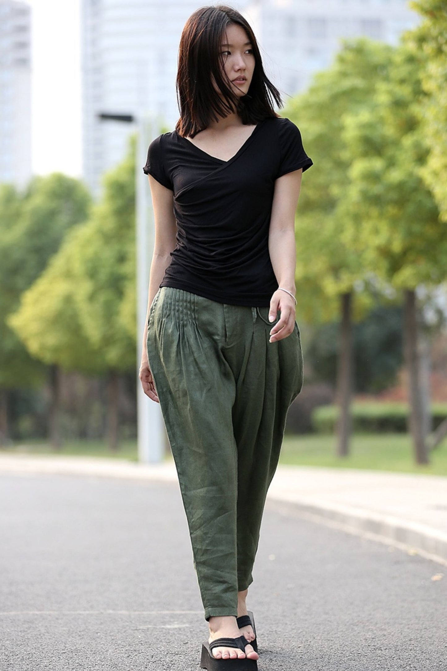 Top quality linen Harem green linen pant C272