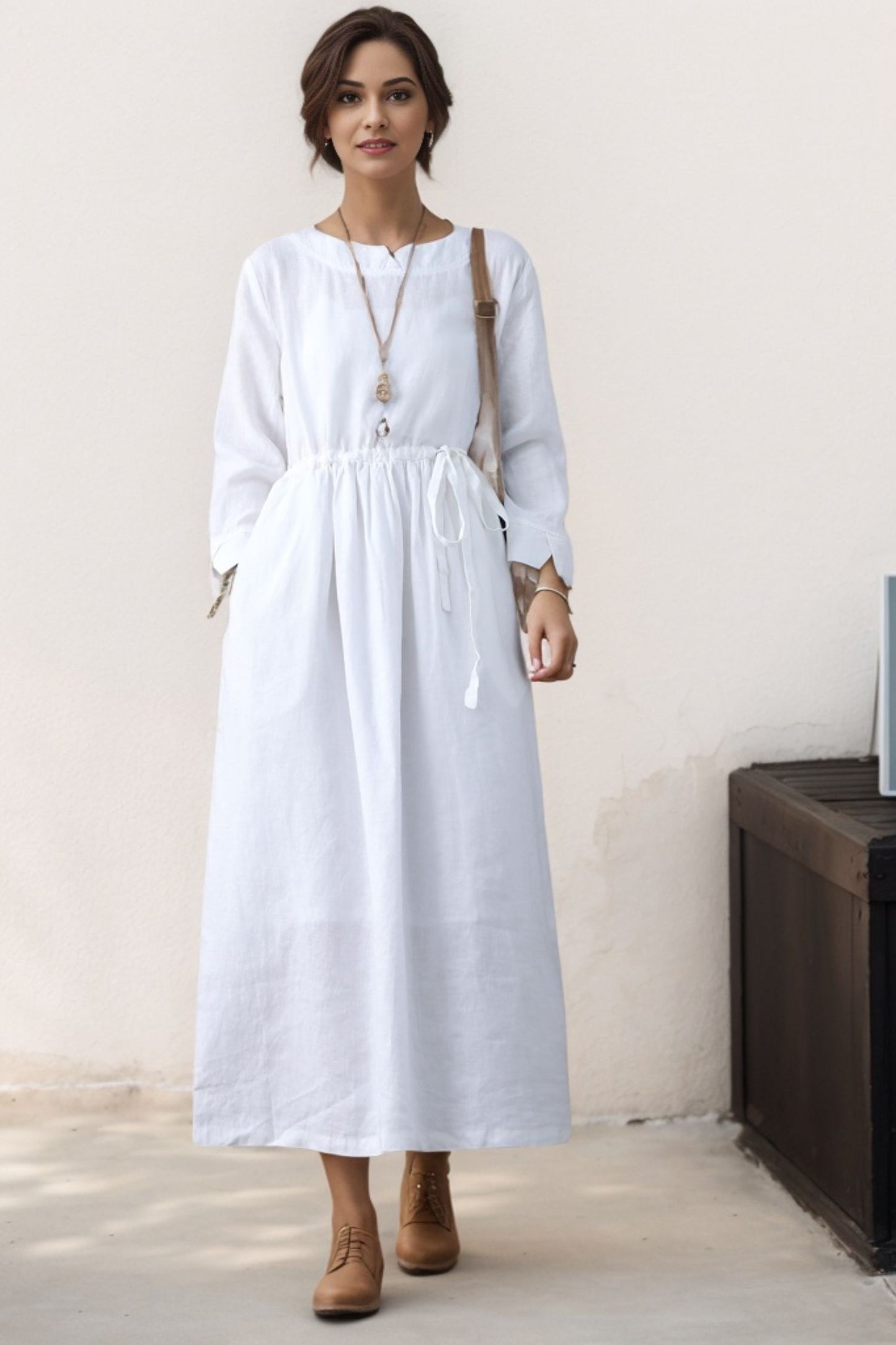 White Linen Casual Long Sleeve Drawstring Waist Dress C4617