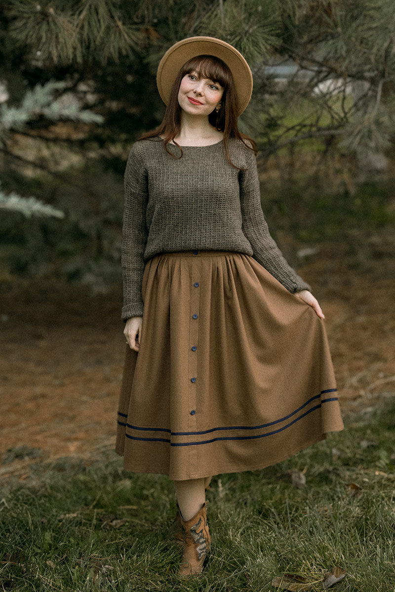 Button Brown wool Skirt for Women C3823