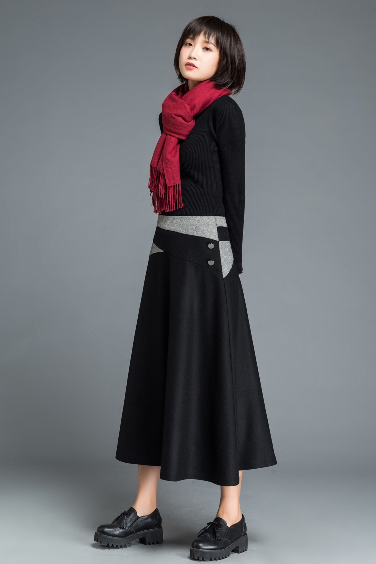 A line black midi wool skirt C1215