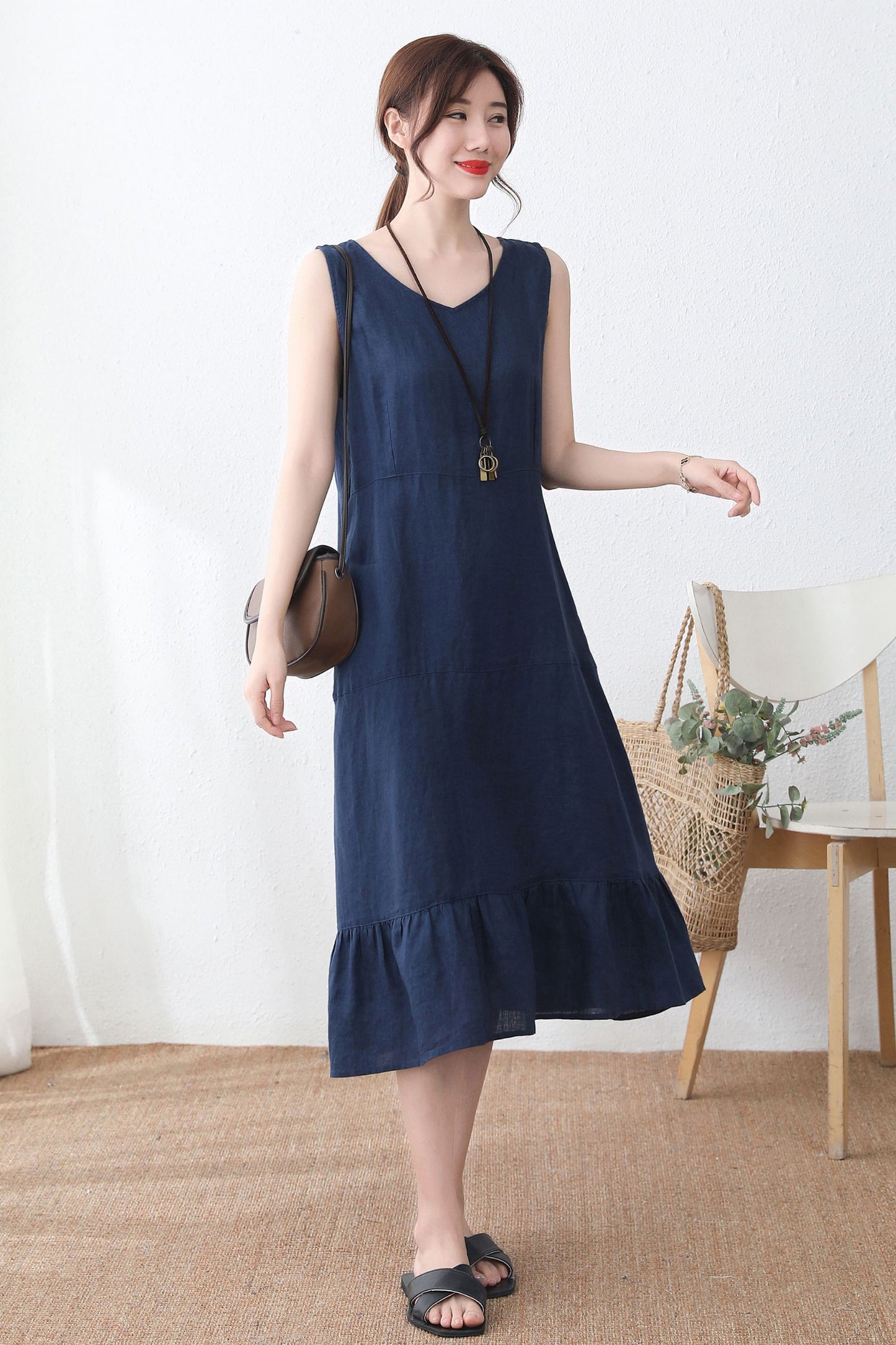 Blue V Neck Sleeveless Dress for Women C2331