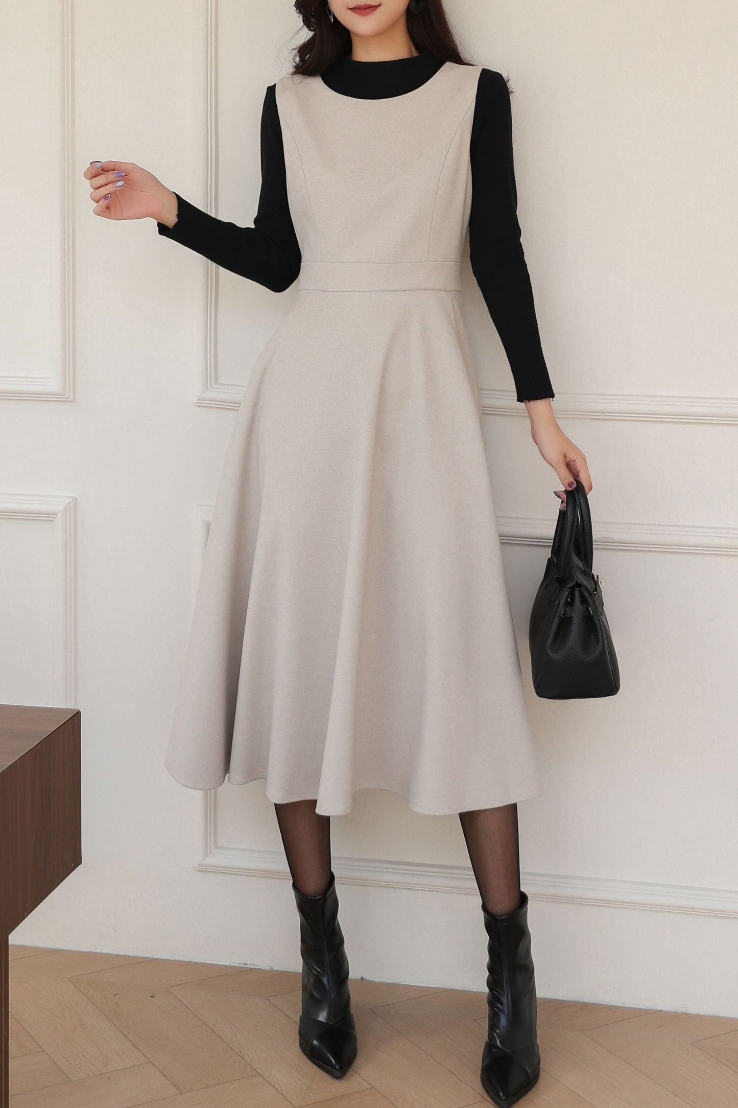 Sleeveless A-Line Midi Wool Dress C5193