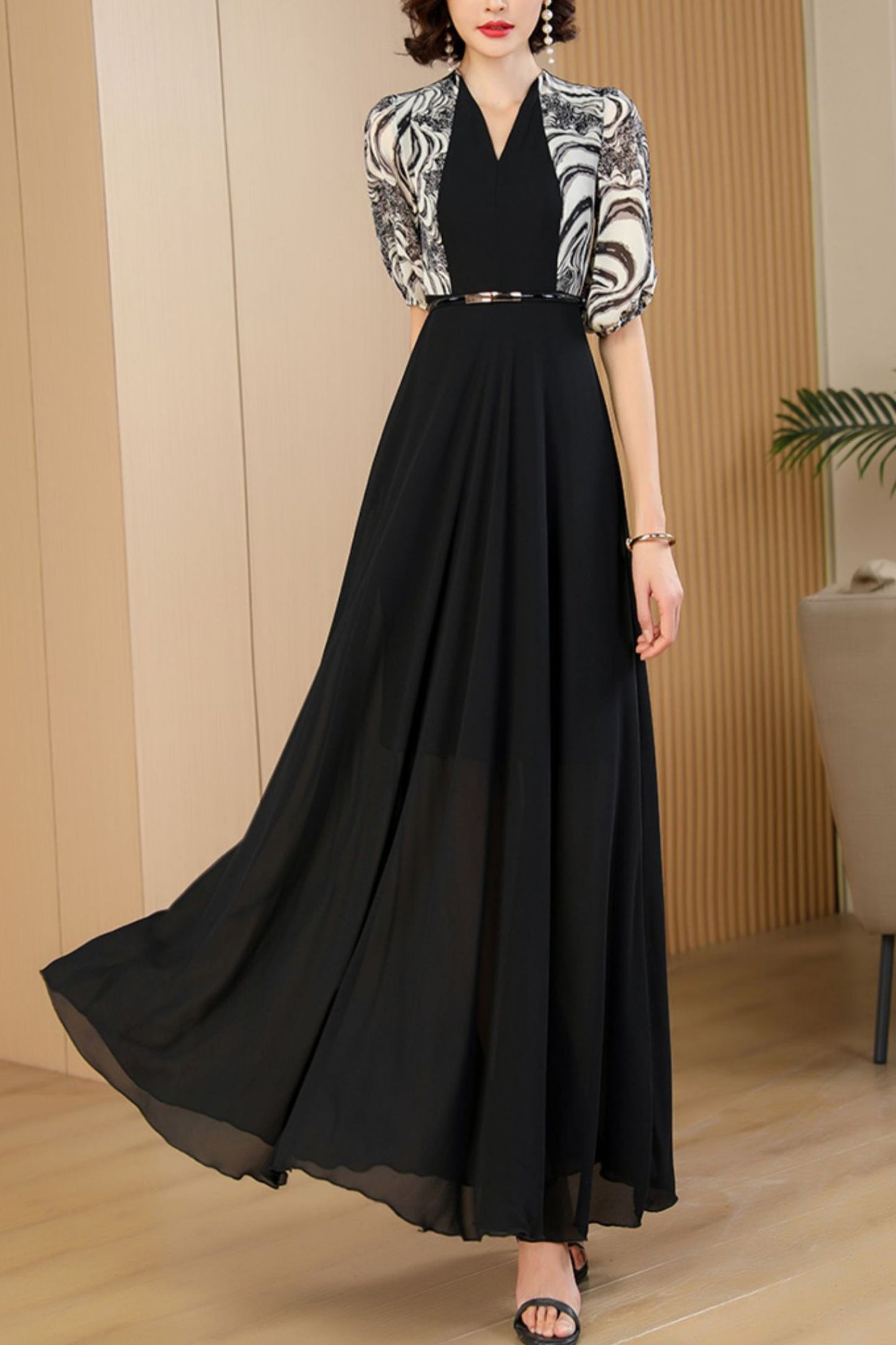 Black fake two-piece dress women long summer dress C4085