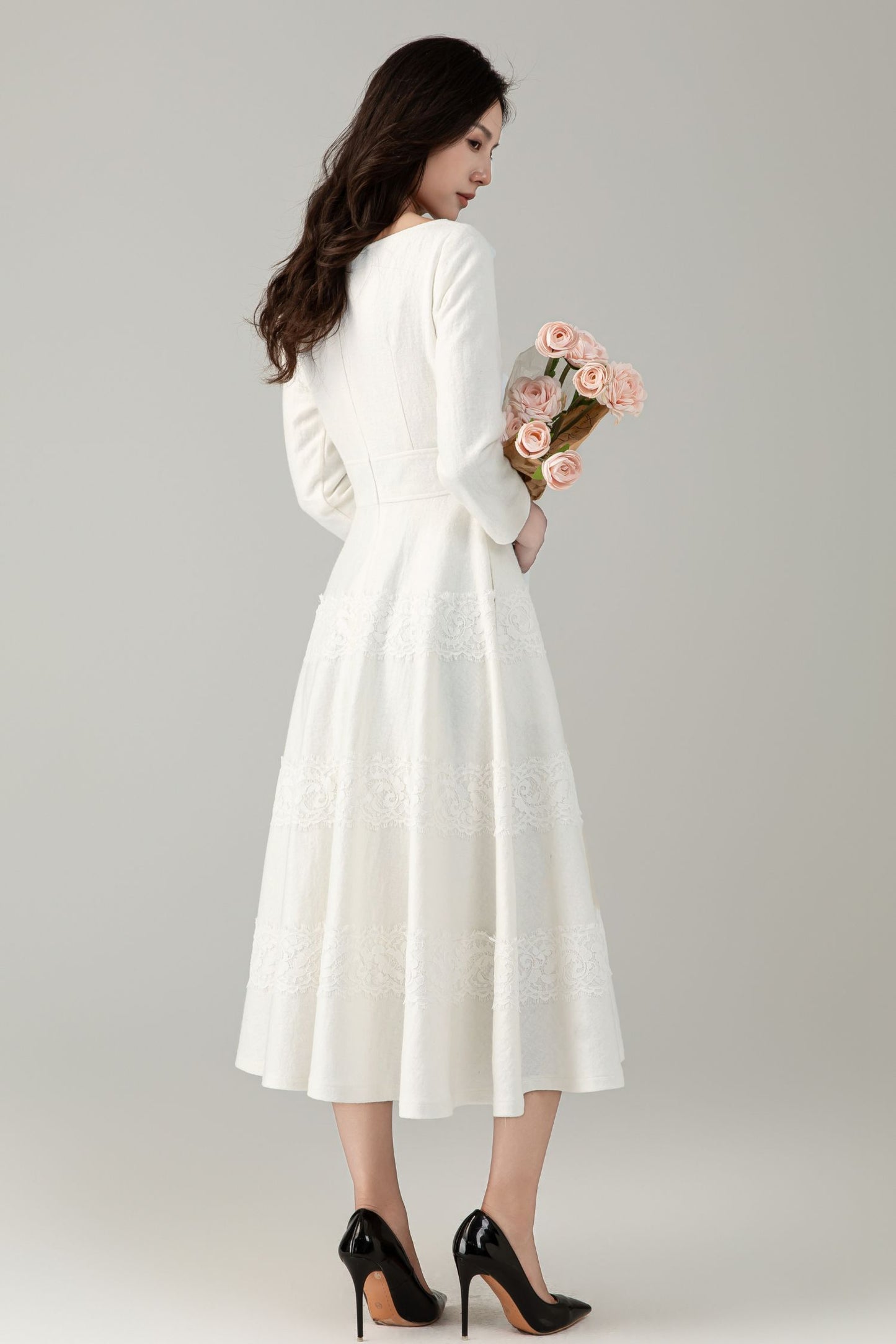White prom wedding wool dress women C5242