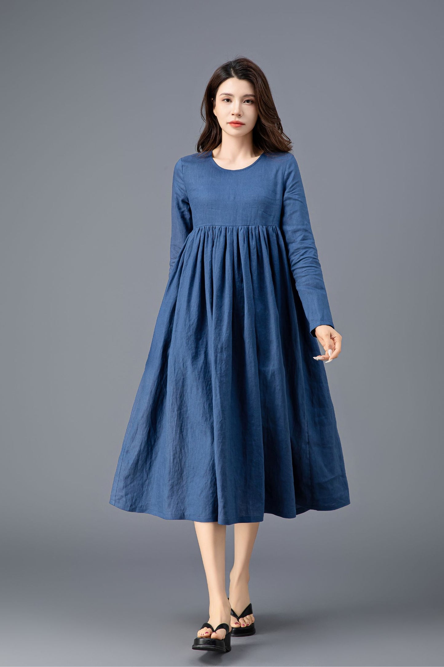 Long Sleeve Blue Linen Dress C3910