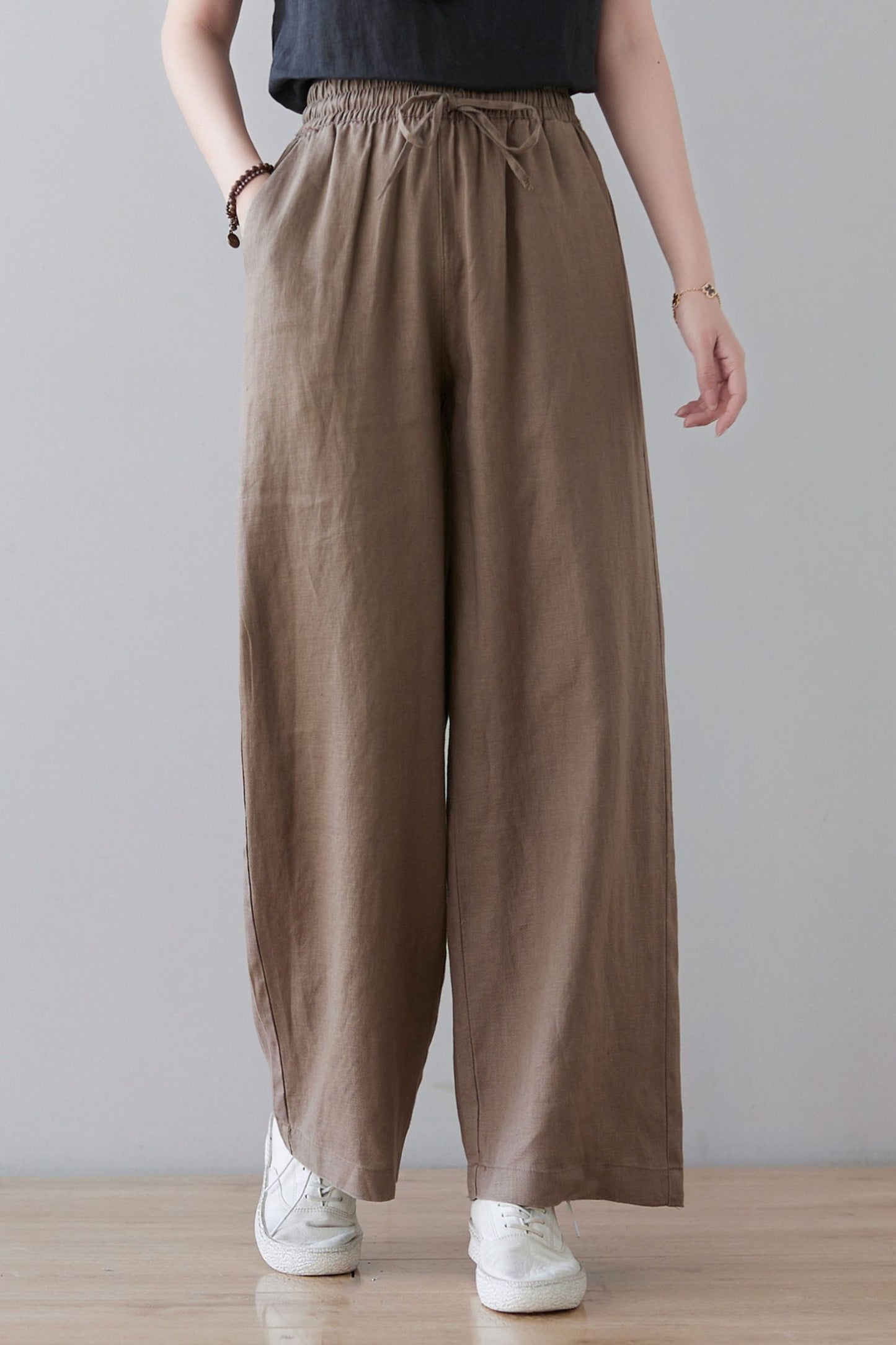 Elastic waist wide leg linen pants for women C2133