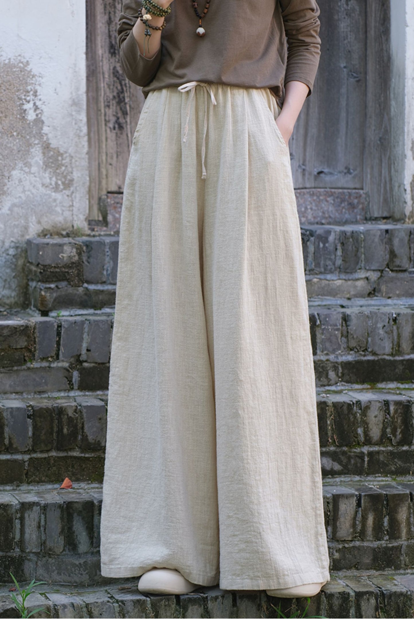 Elastic waist wide leg linen pants L0615