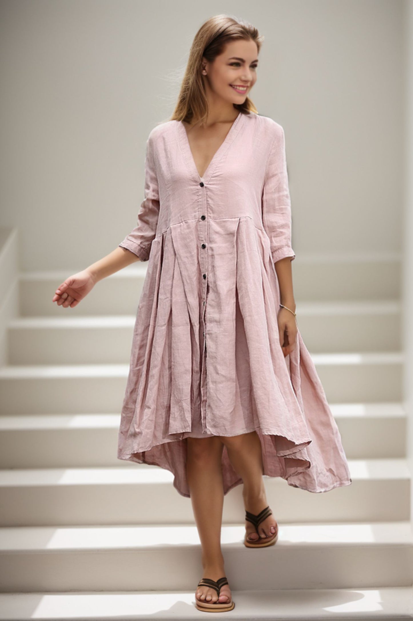 Casual Linen Loose-Fitting Pleated Shirt Dress C276