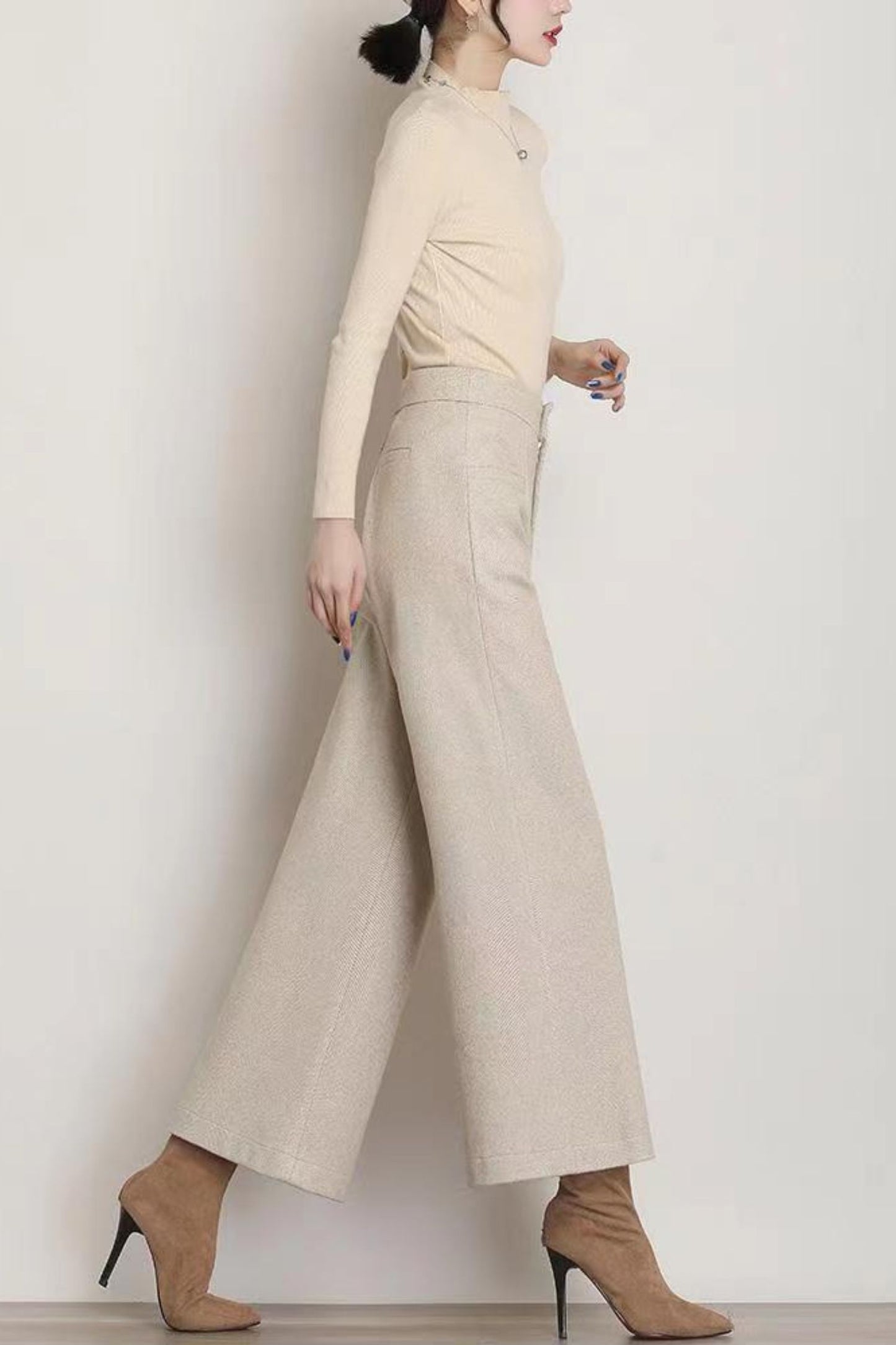 Wide leg womens wool pants with pockets c5078