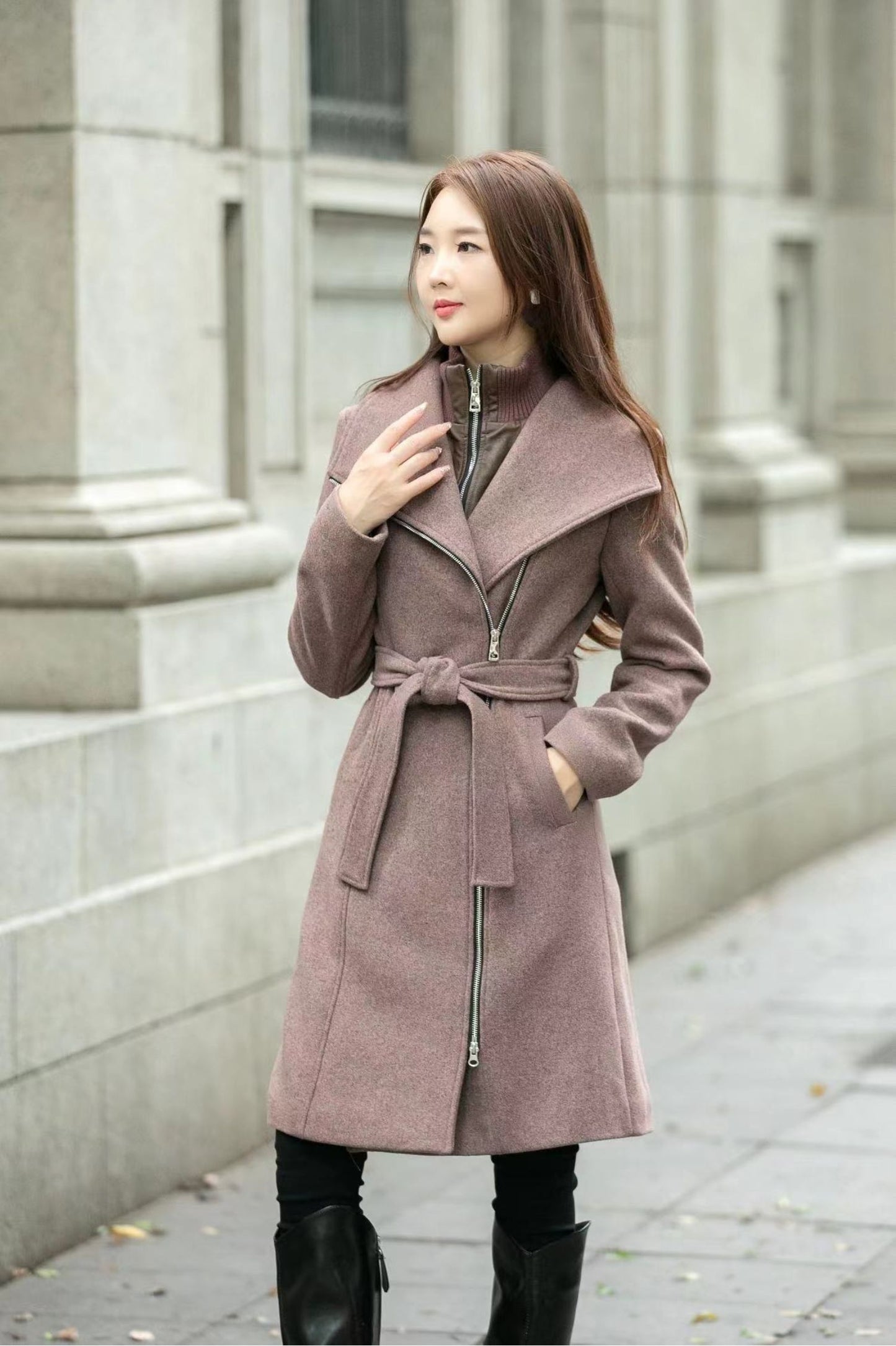 Tie belt asymmetrical winter wool coat C4508