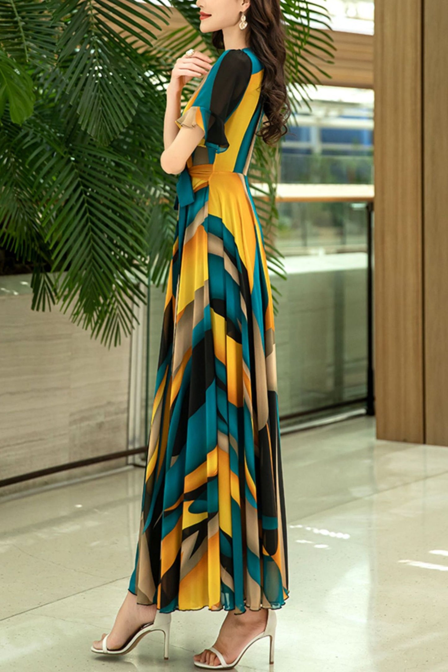 women V-neck chiffon dress long dress C3975