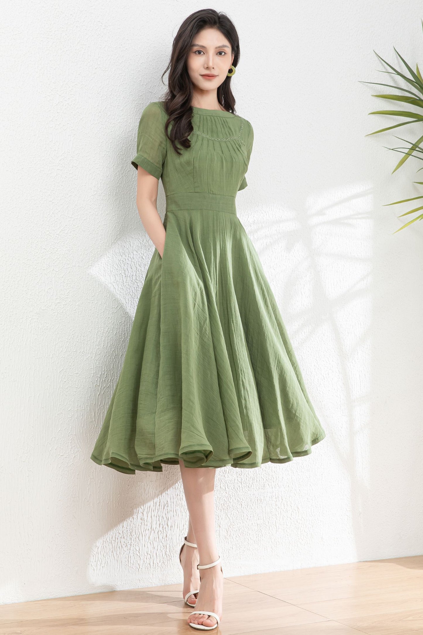 Green Women's swing Linen dress c4982