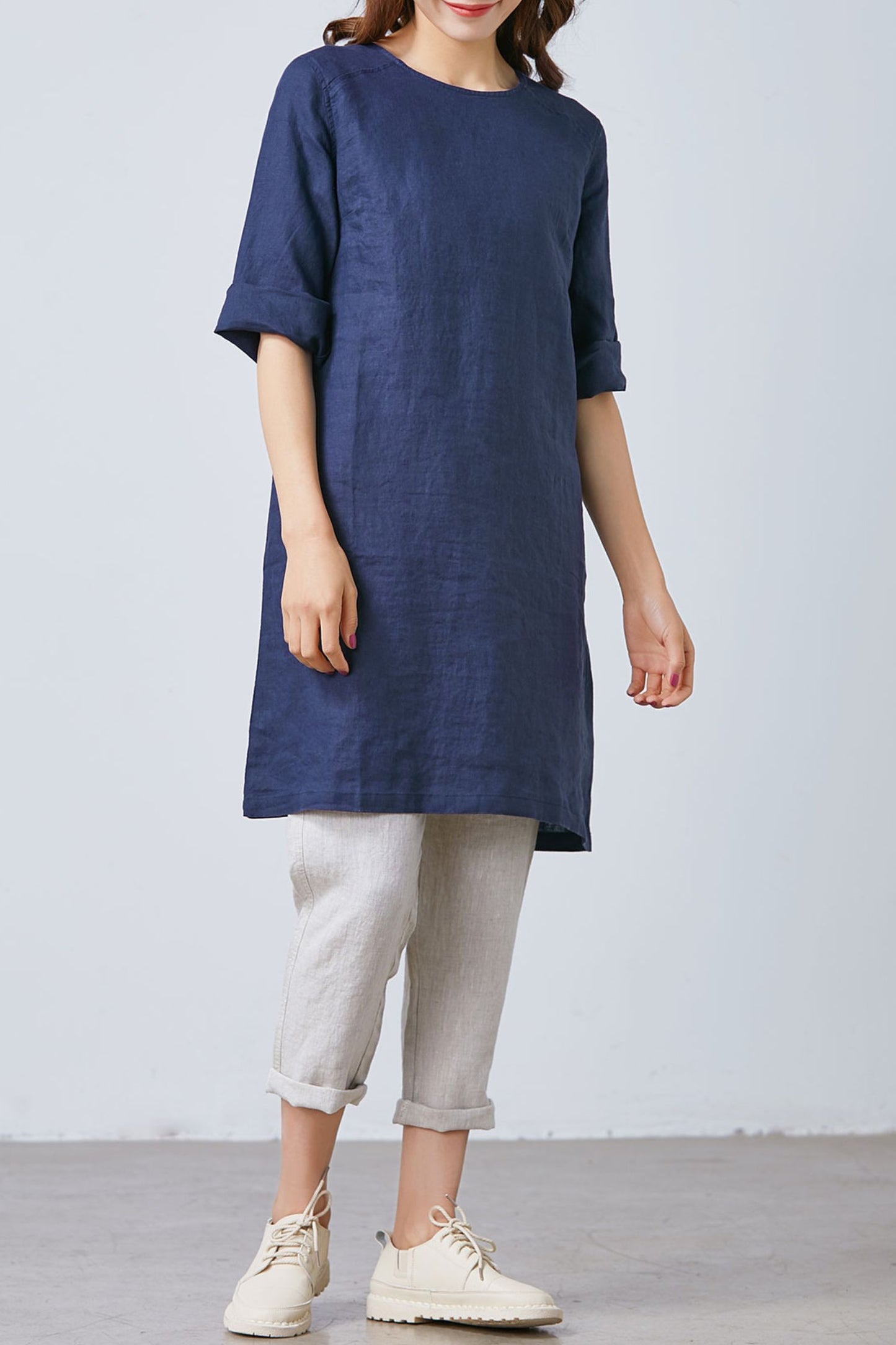 Navy Blue Simple Linen dress C1673