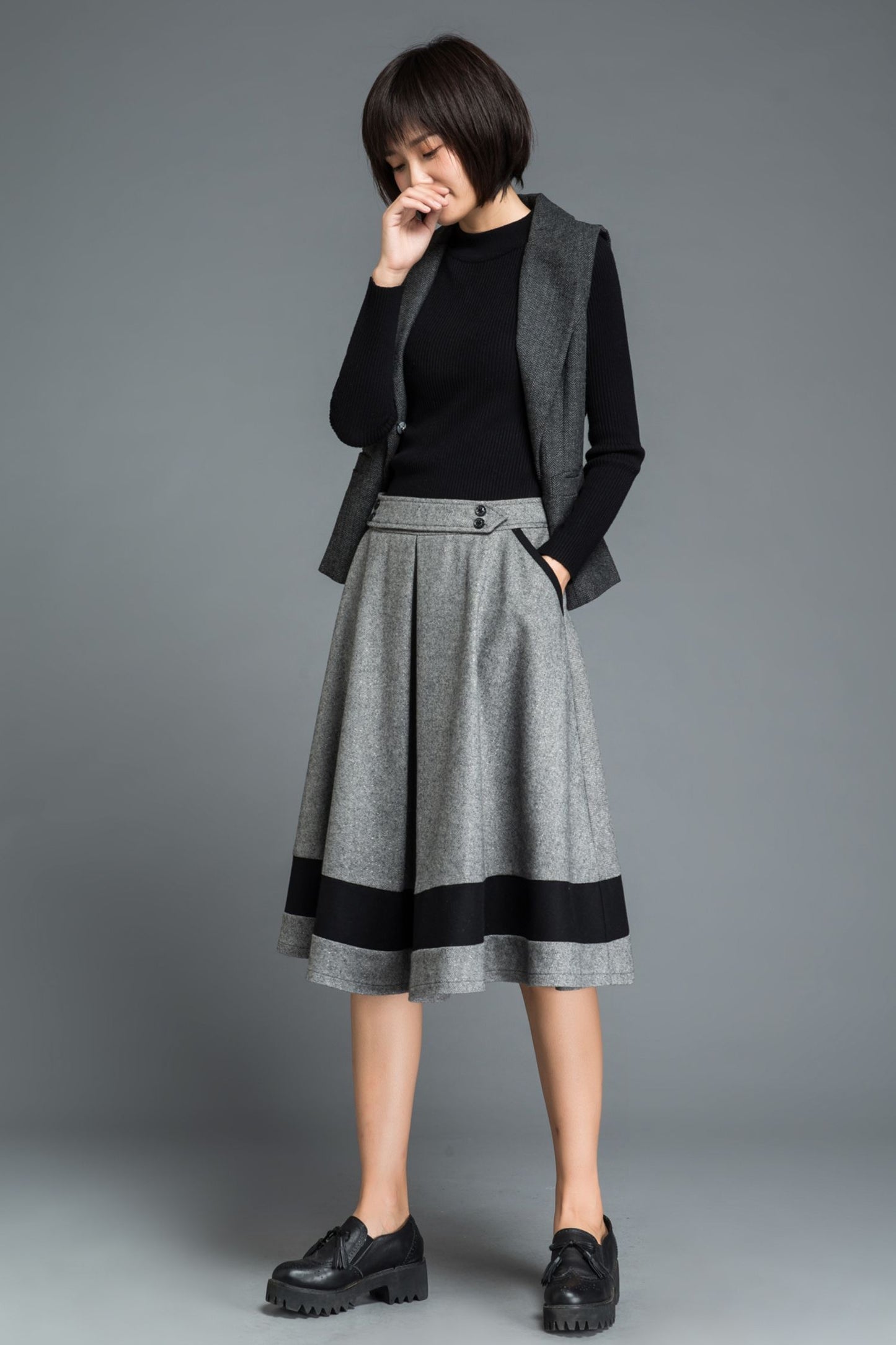 Knee length block color winter wool skirt C1214